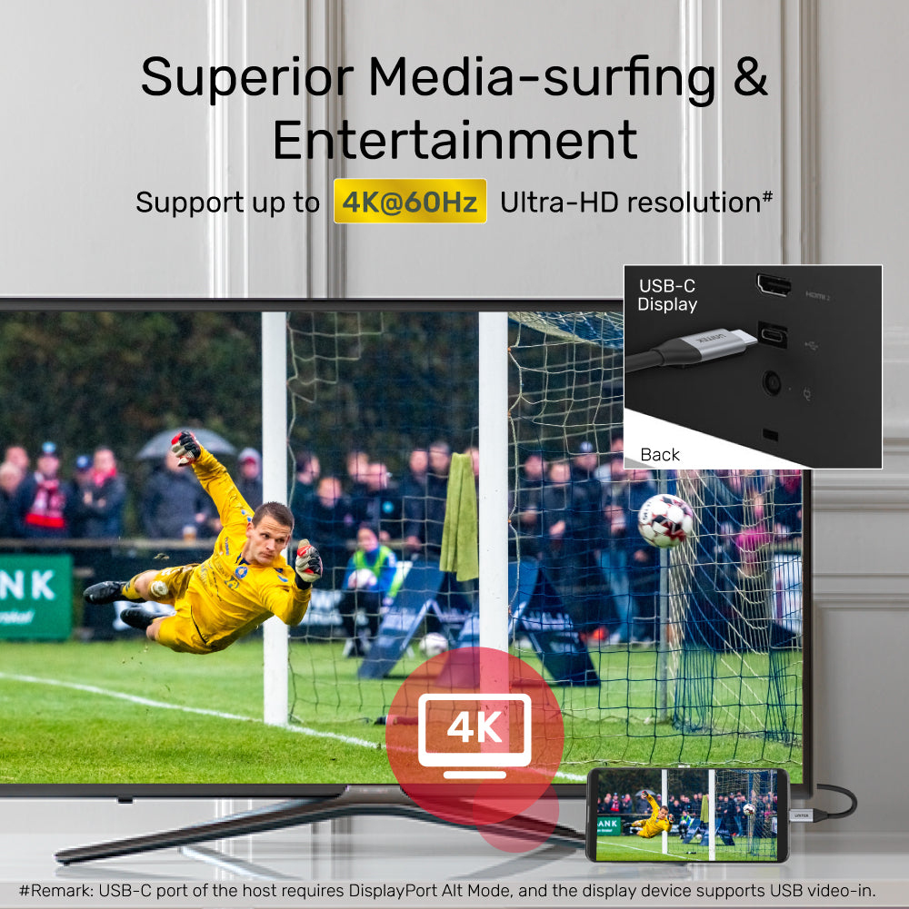 Een tv toont een voetbalwedstrijd. Een 4K-logo wordt getoond. Details van de poorten van de tv worden getoond.