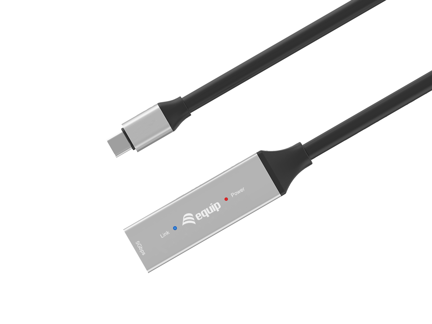 Un câble USB-C argenté et noir. Le câble a un connecteur argenté, un câble noir et un connecteur argenté avec le logo 'equipe'.