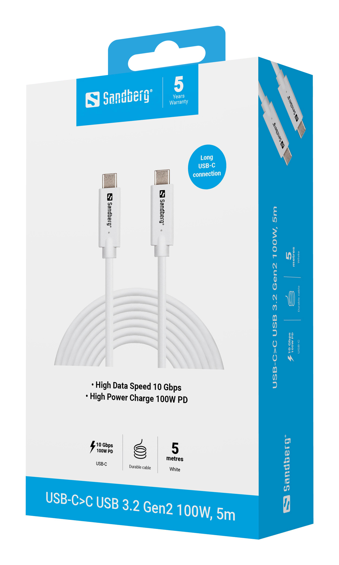 Una scatola bianca mostra un cavo USB-C. Ha il marchio Sandberg e elenca funzioni come velocità dati 10 Gbps e 100W PD.