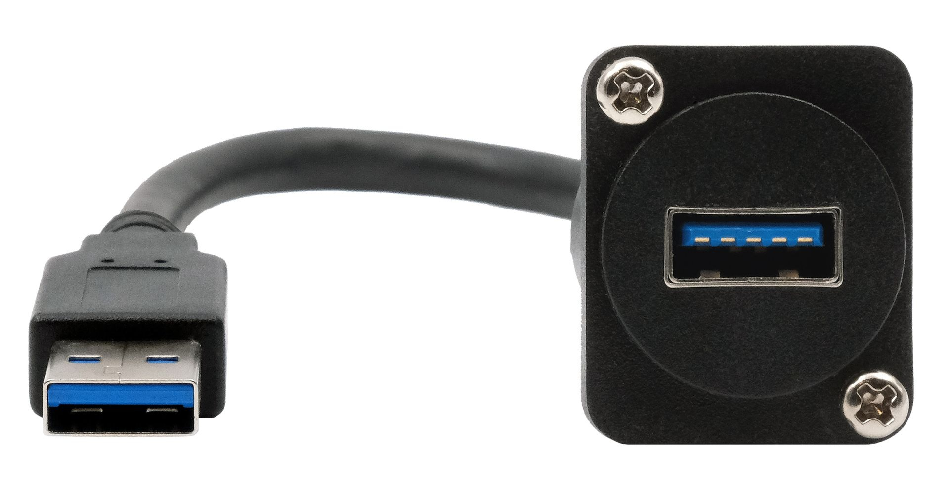 Un hub USB nero con cavo e connettore USB. Le porte USB hanno interni blu.