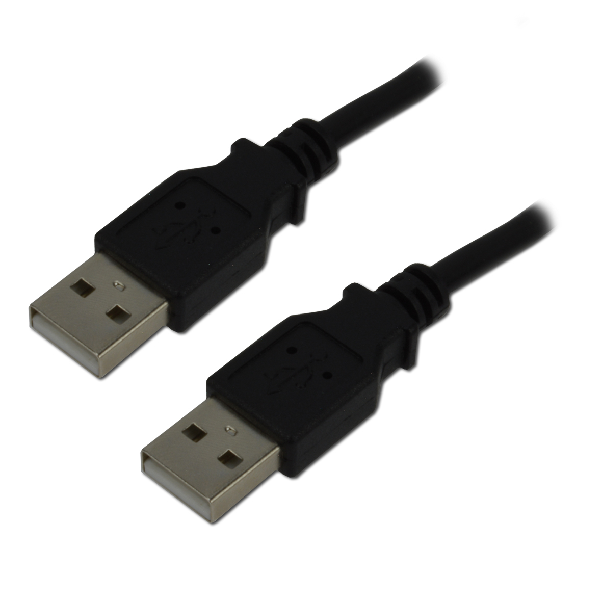 Dwa czarne kable USB ze srebrnymi wtyczkami na białym tle. Kable są lekko pochylone.