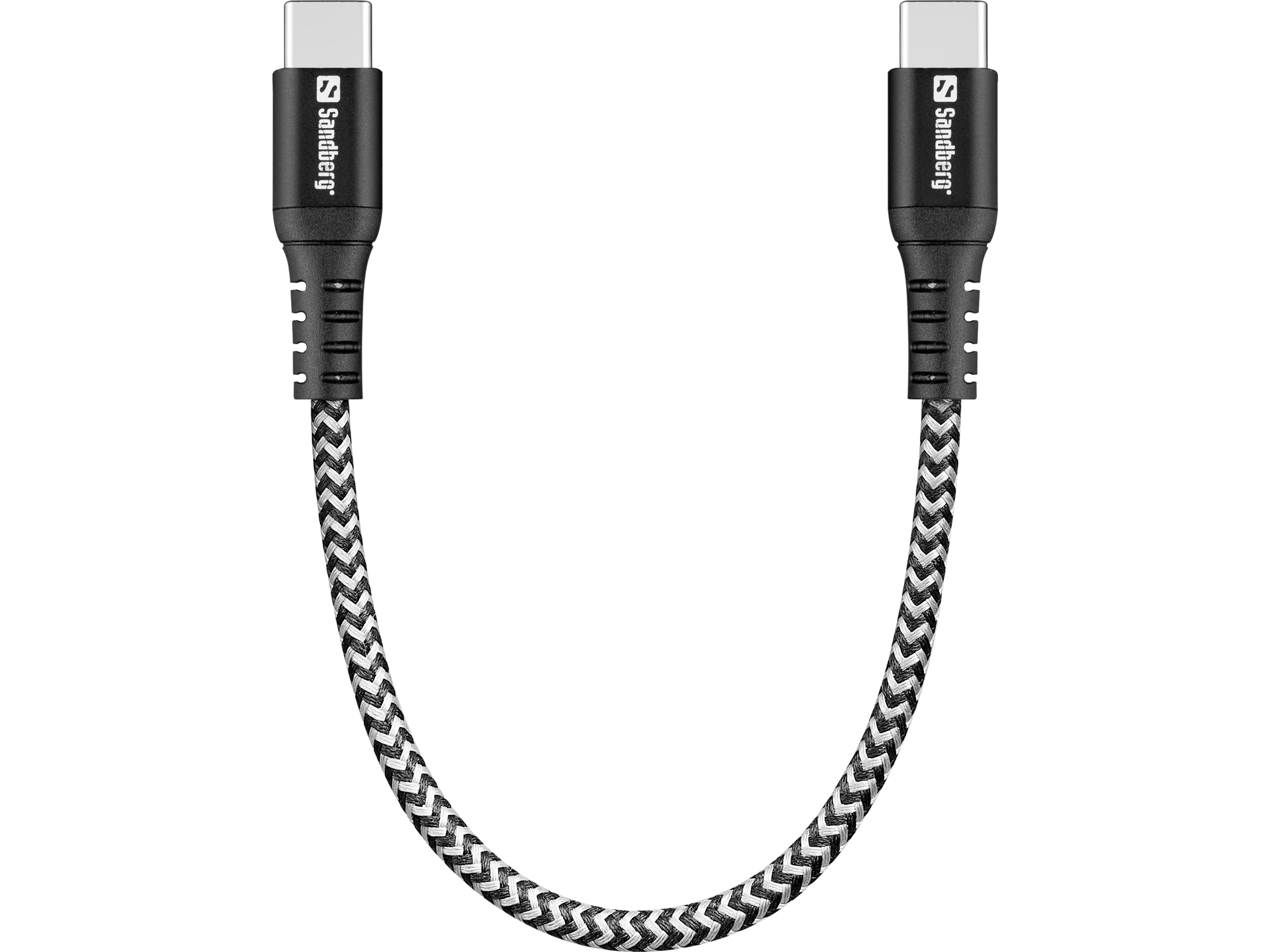 Un cavo USB-C Sandberg con motivo intrecciato bianco e nero e due connettori USB-C su ciascuna estremità.