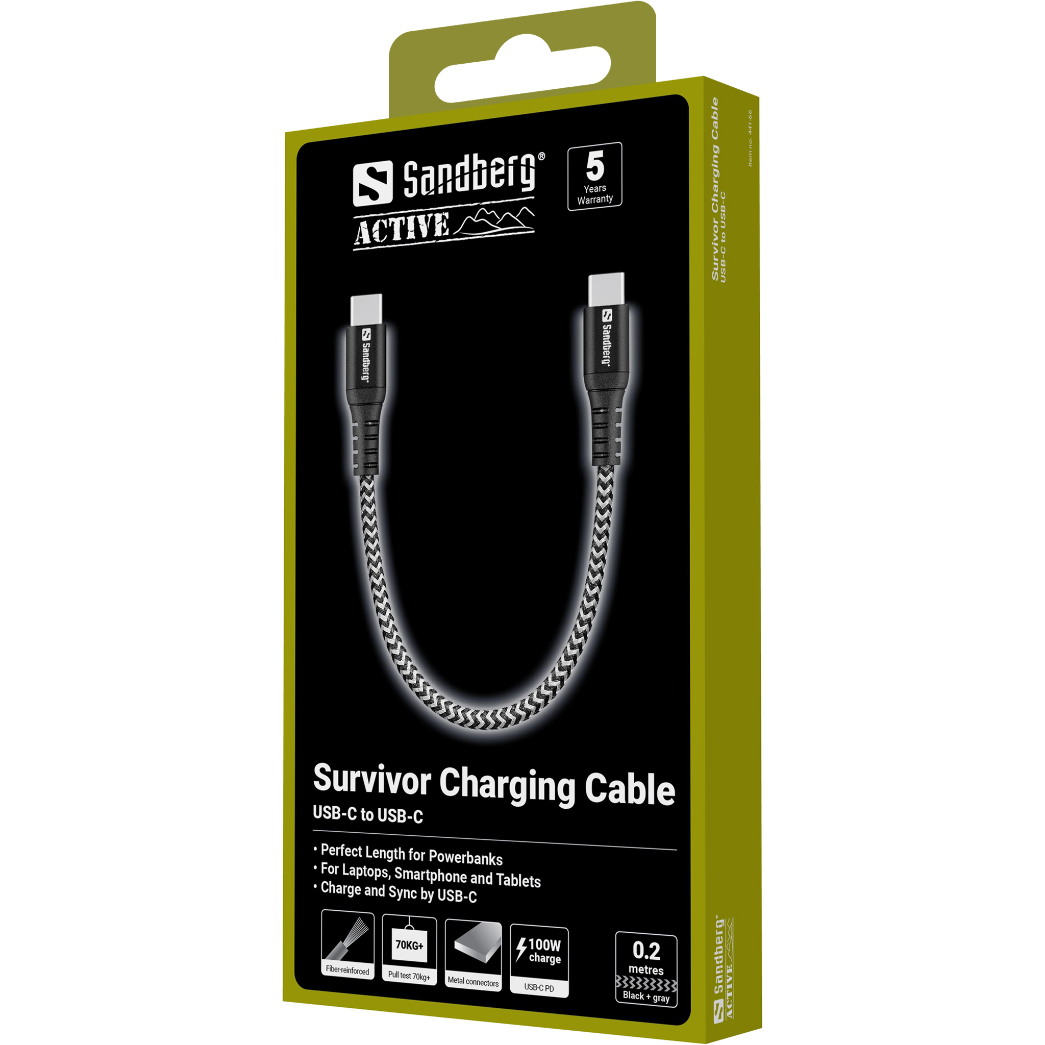 Una scatola del cavo di ricarica USB-C Sandberg Survivor. Il cavo è nero e grigio. È rinforzato con fibra e supporta 100W di ricarica.