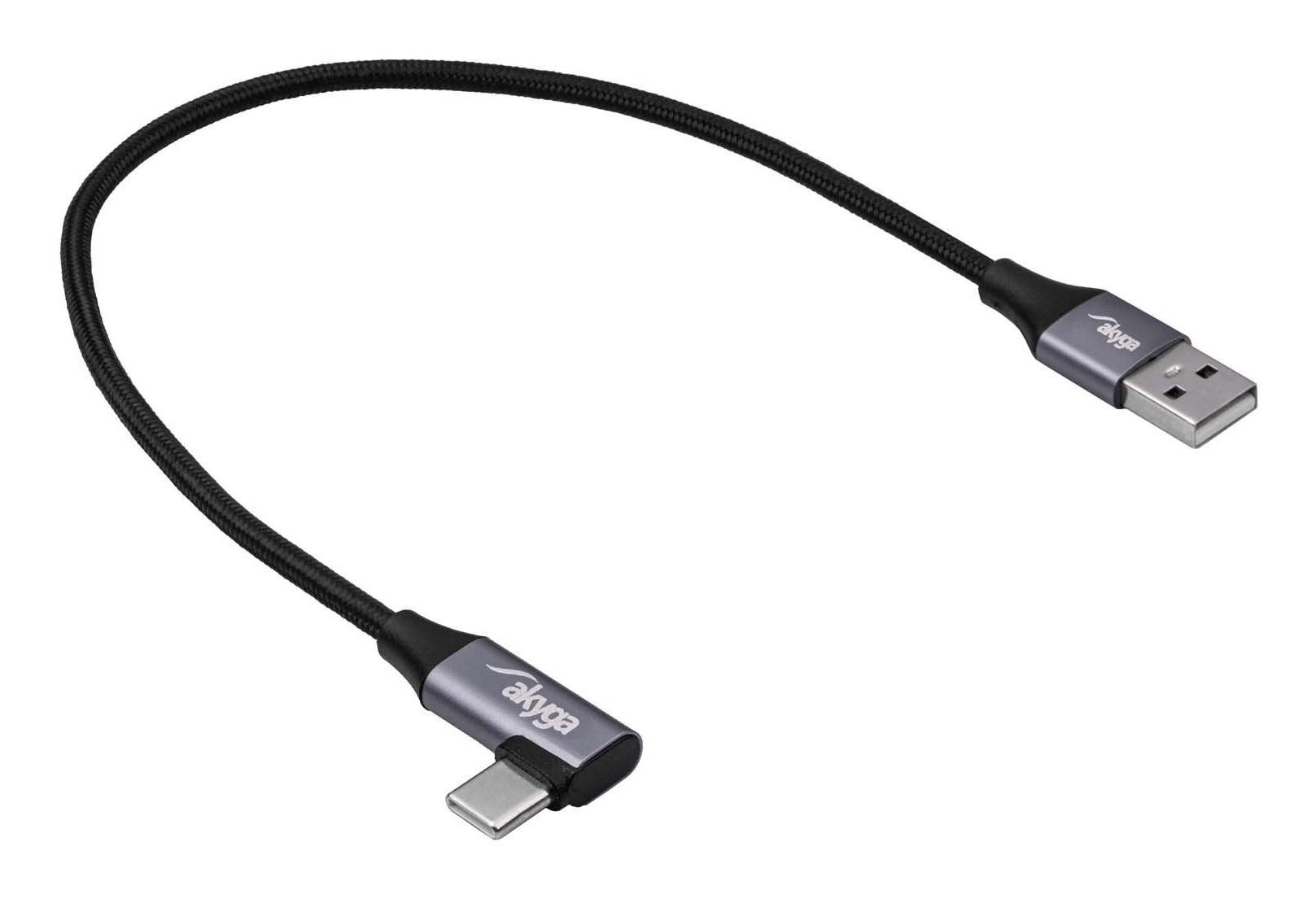 Cavo USB nero con connettore USB-C angolato. Il cavo è marchiato 'akyga'. Lo sfondo è bianco.