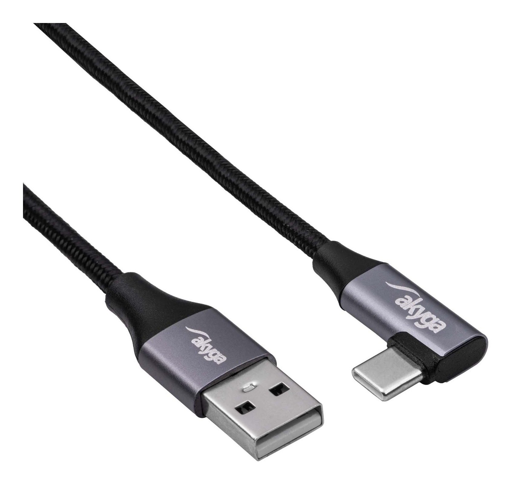 Cavo Akyga da USB a USB-C. Cavo intrecciato nero con connettori grigi. Estremità USB-A e USB-C visibili.
