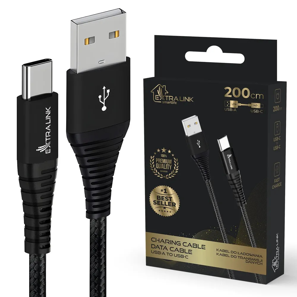 Un câble de chargement noir USB-A vers USB-C avec la marque 'EXTRA LINK' et une boîte du produit.