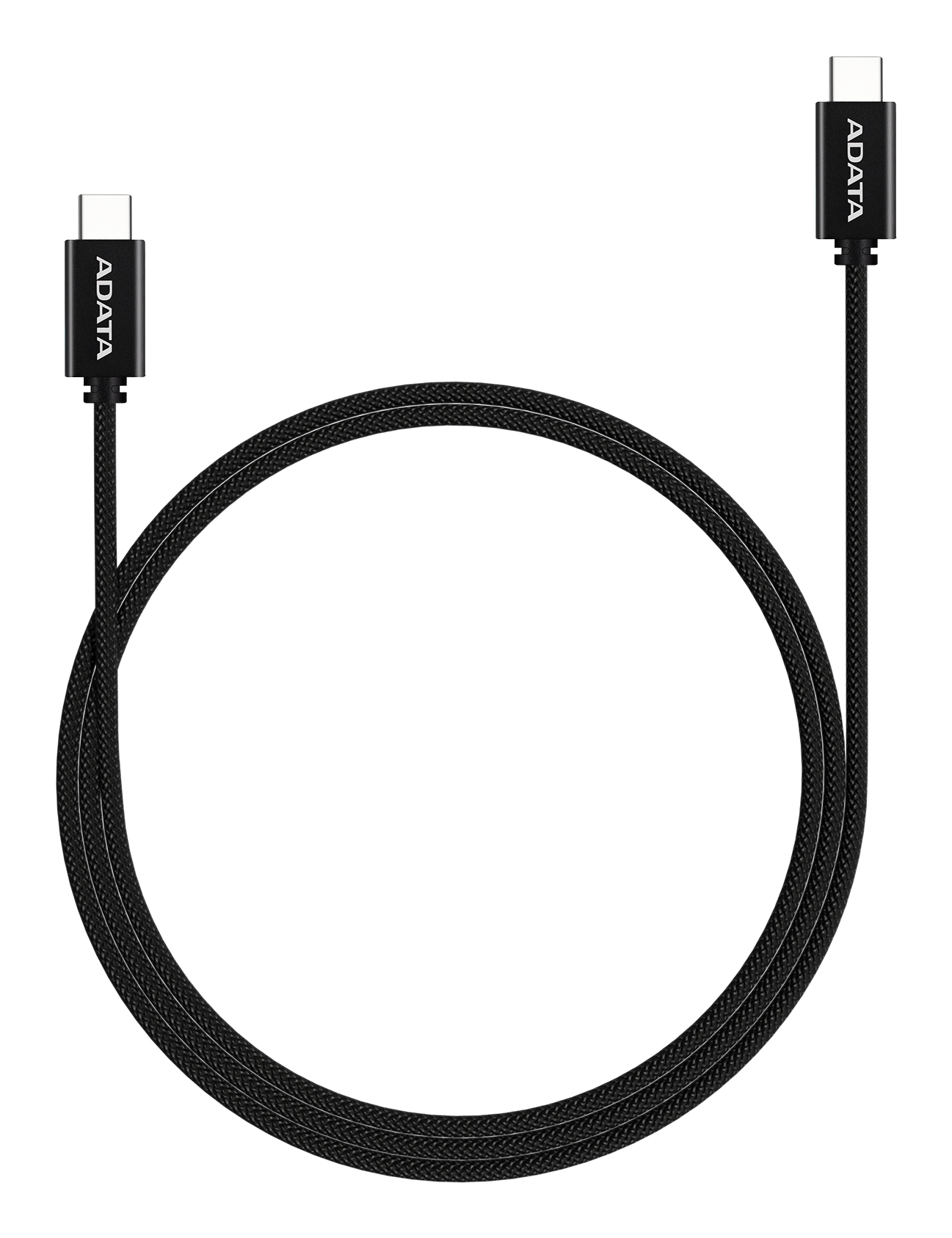 Ein schwarzes USB-C-Kabel mit ADATA-Branding. Das Kabel ist kreisförmig geschlungen. Weißer Hintergrund.