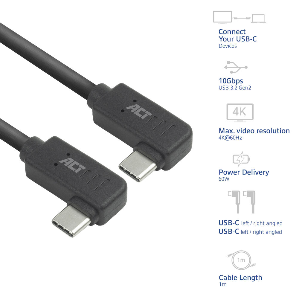 Dwa czarne kable USB-C. Obrazek przedstawia złącza pod kątem oraz kilka ikon wskazujących funkcje, takie jak rozdzielczość 4K i zasilanie.