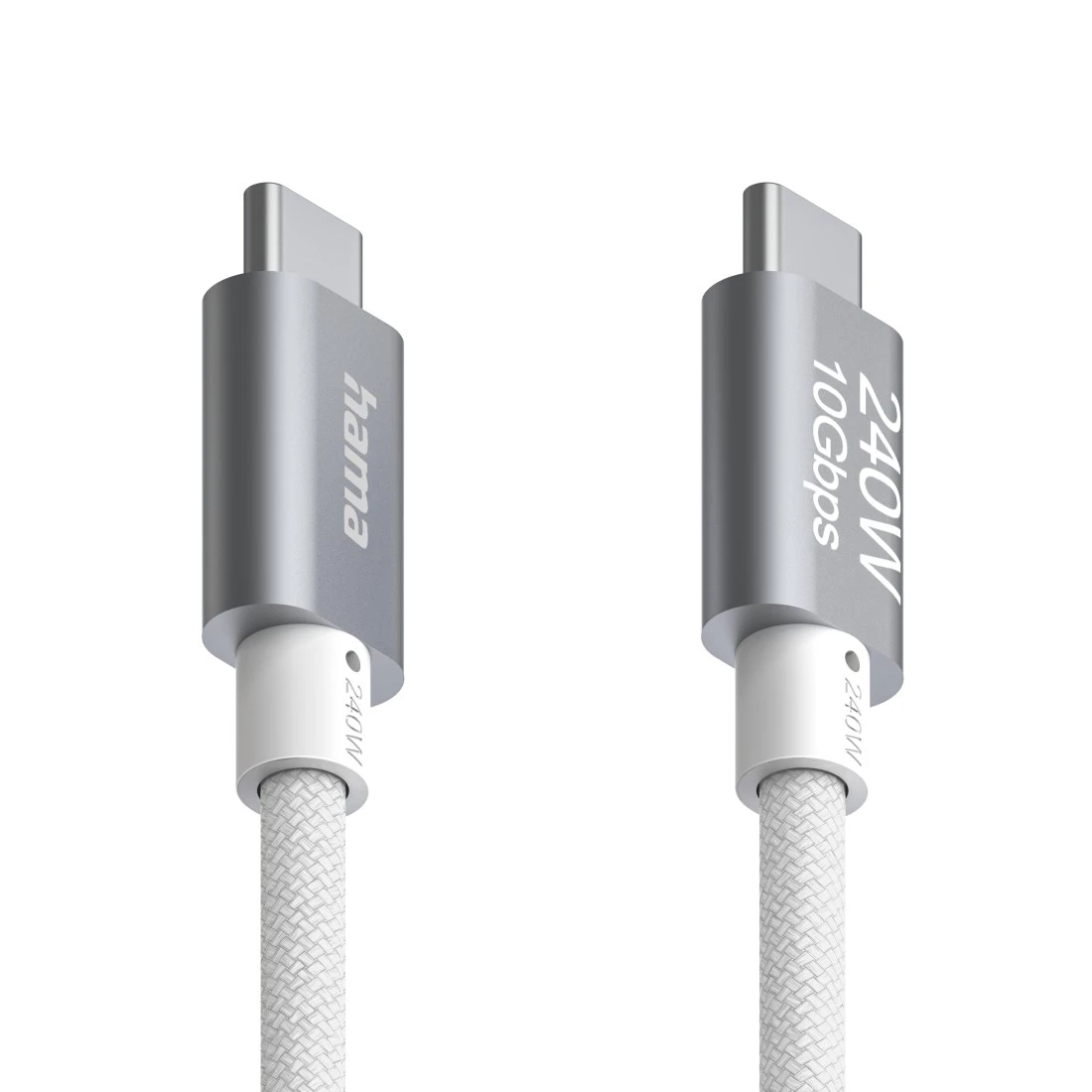 Due cavi USB-C argentati. Ognuno ha un connettore argentato, una base bianca e un cavo intrecciato bianco. Uno ha 'hama'.