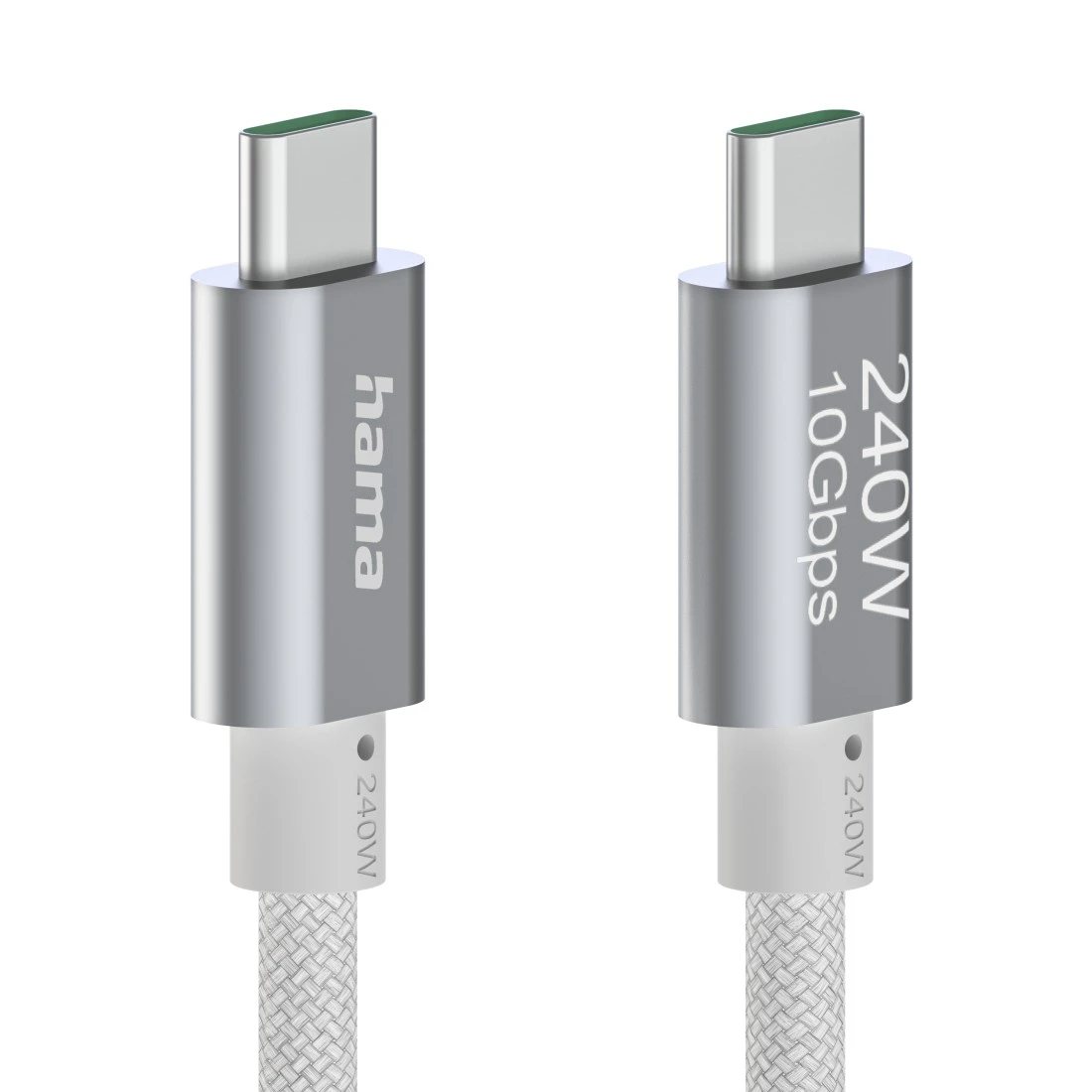 Due cavi USB-C argentati. Uno mostra il logo 'hama', l'altro '240W 10Gbps'. Entrambi hanno cavi intrecciati bianchi e dettagli verdi.