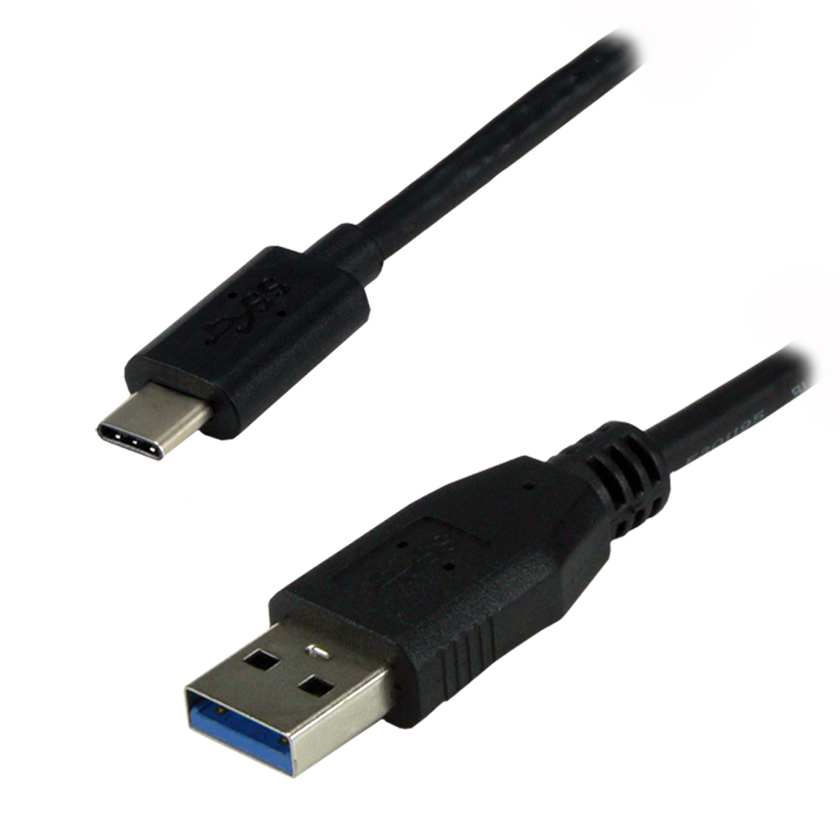 Czarny kabel USB z wtyczką USB-C na górze i wtyczką USB 3.0 na dole. Obie czarne, tło białe.