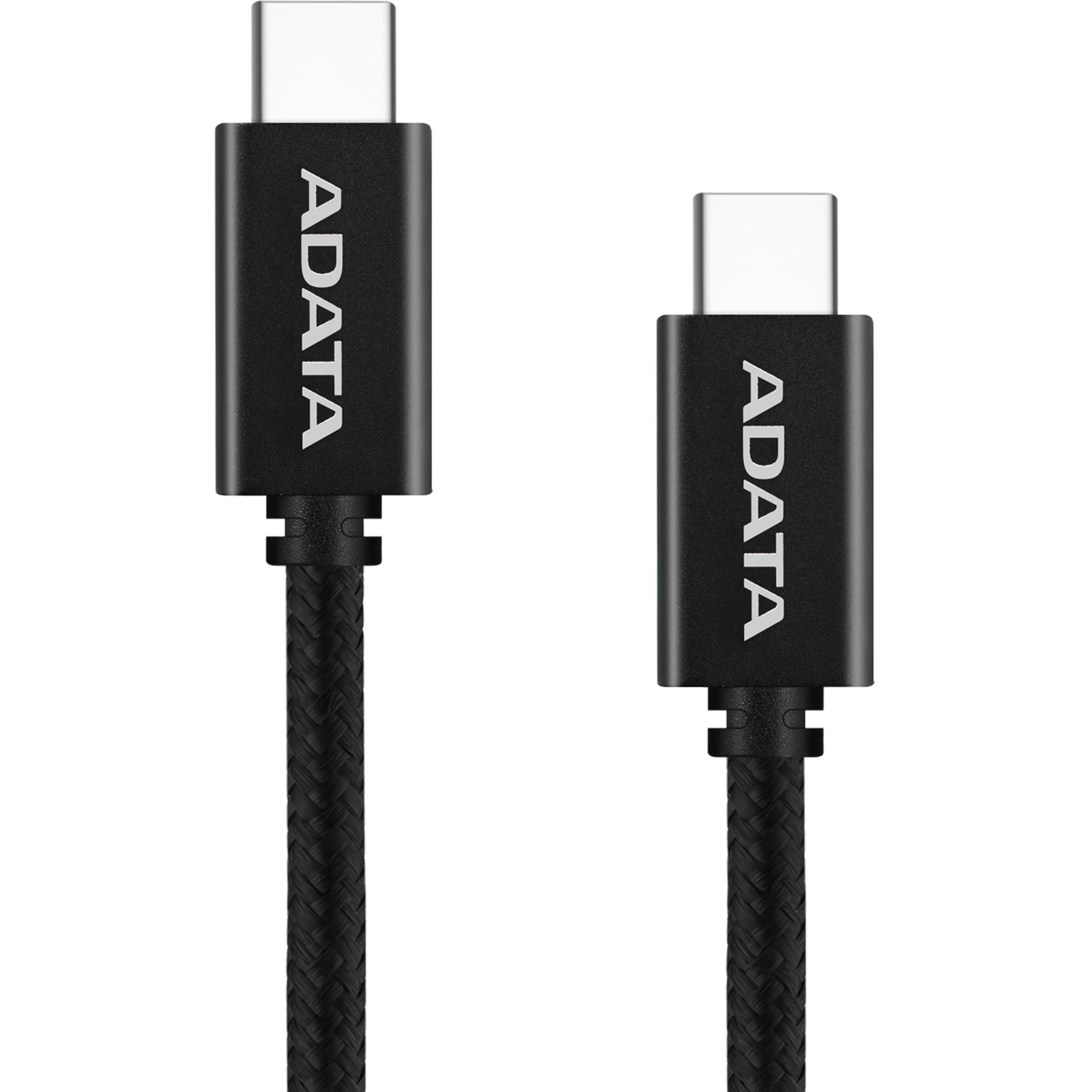 Due cavi USB-C ADATA neri, connettori in alto. I cavi sono al centro dell'immagine su sfondo bianco.