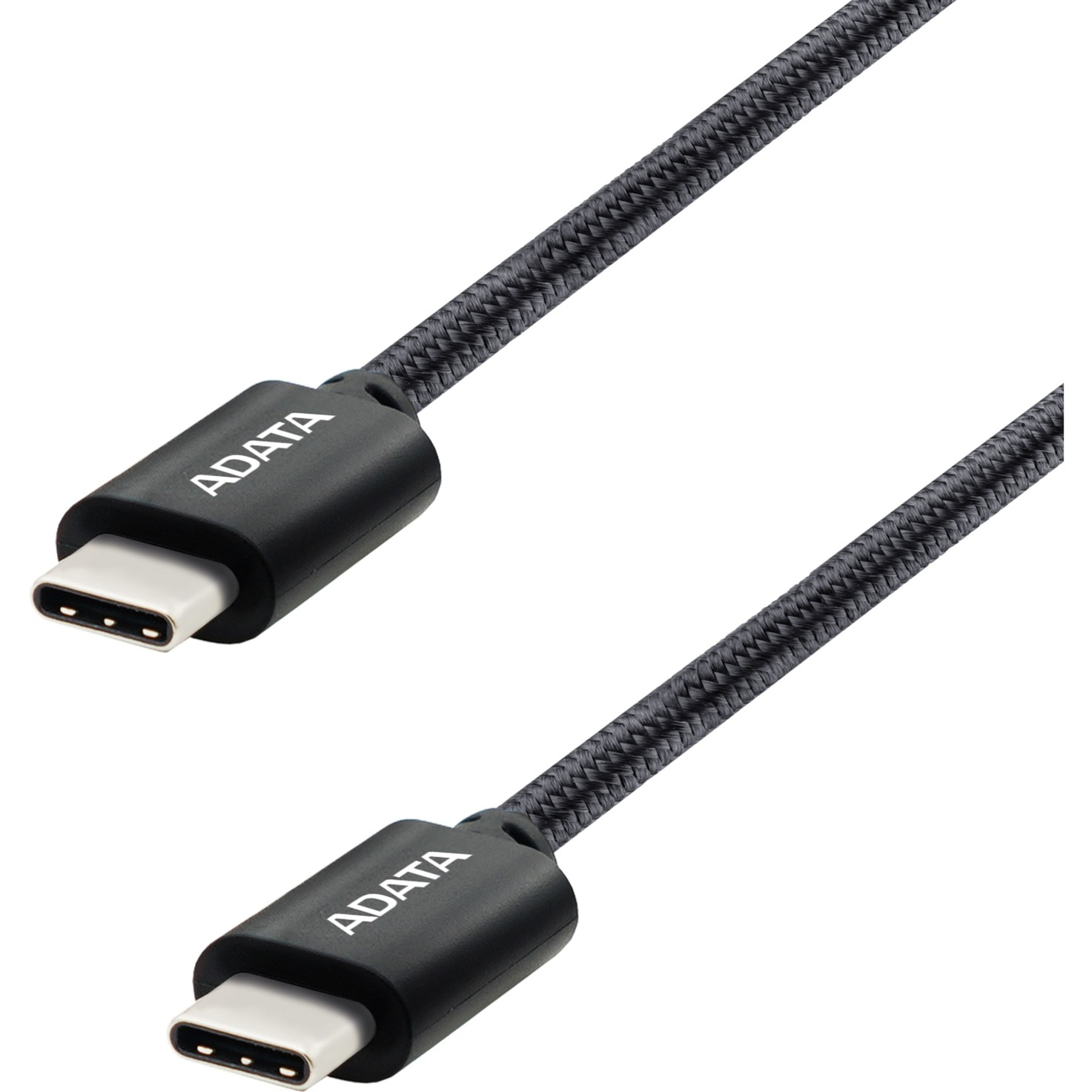 Due cavi USB-C neri, angolati su sfondo bianco. Ogni cavo ha un connettore nero con 'ADATA' e un'estremità USB-C argentata.