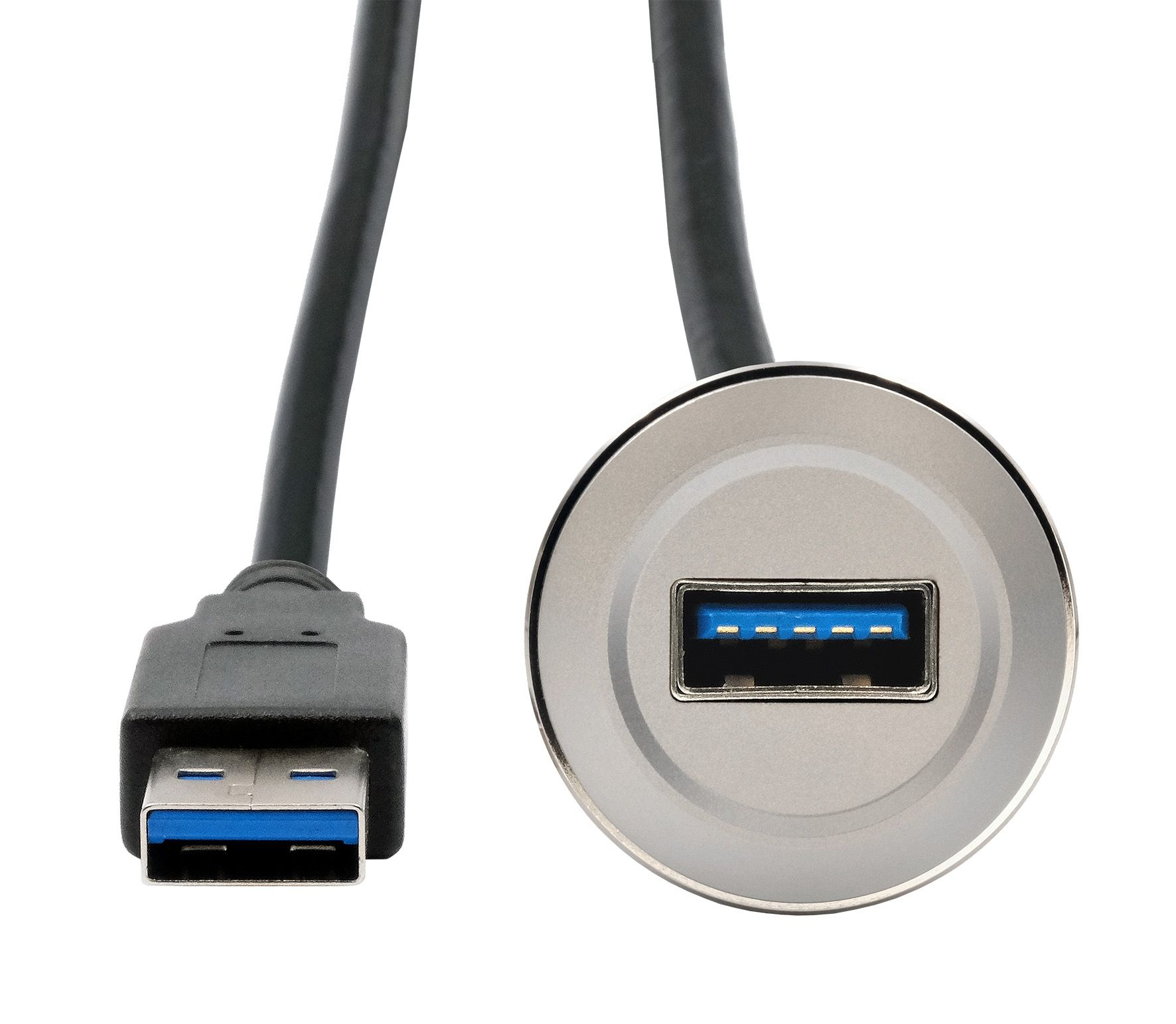 Ein USB-Hub mit zwei Anschlüssen. Einer ist ein Standard-USB-Stecker, der andere ein runder USB-Anschluss.