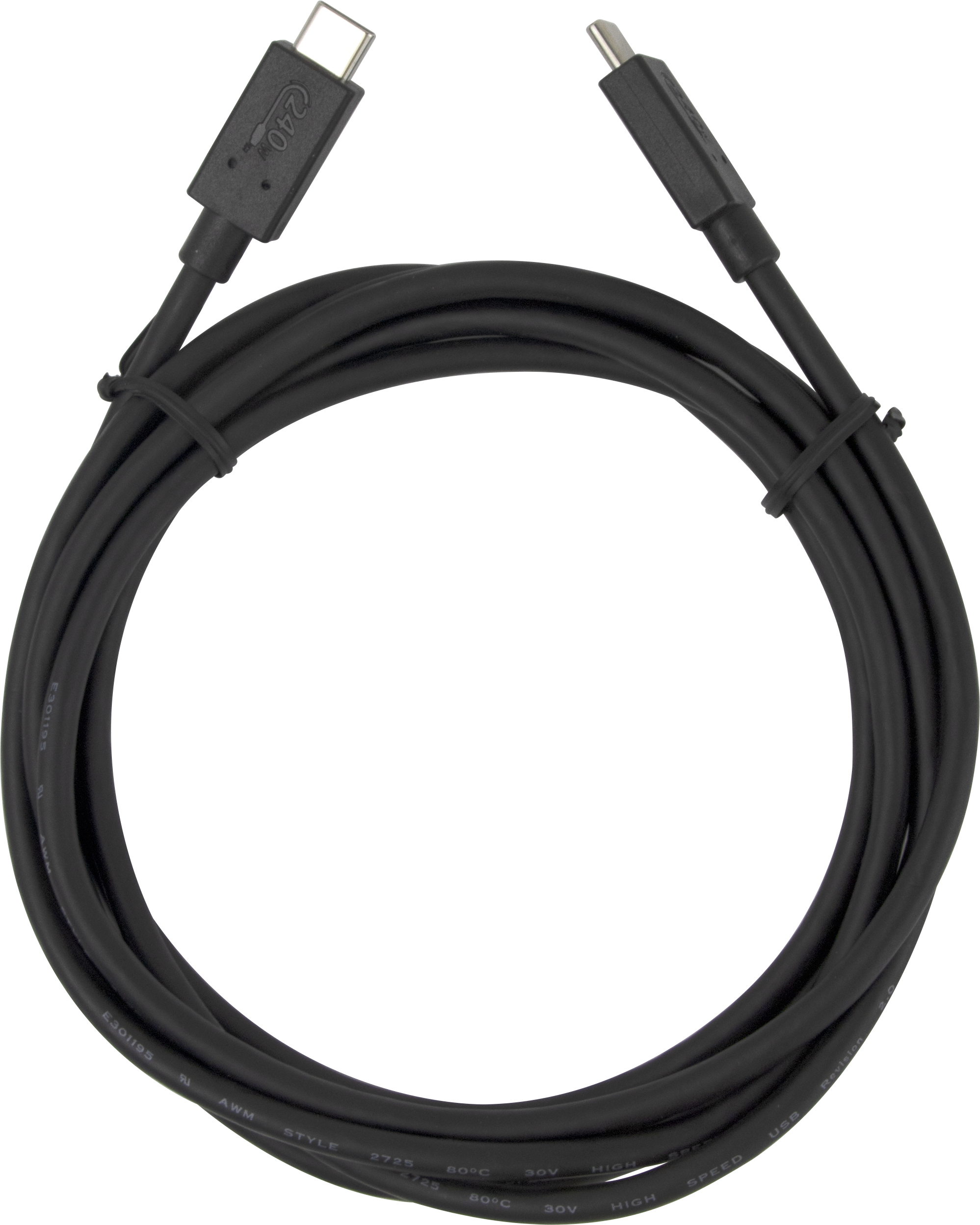 Un cavo USB-C nero, arrotolato in un cerchio, con connettori ad ogni estremità, su sfondo bianco.