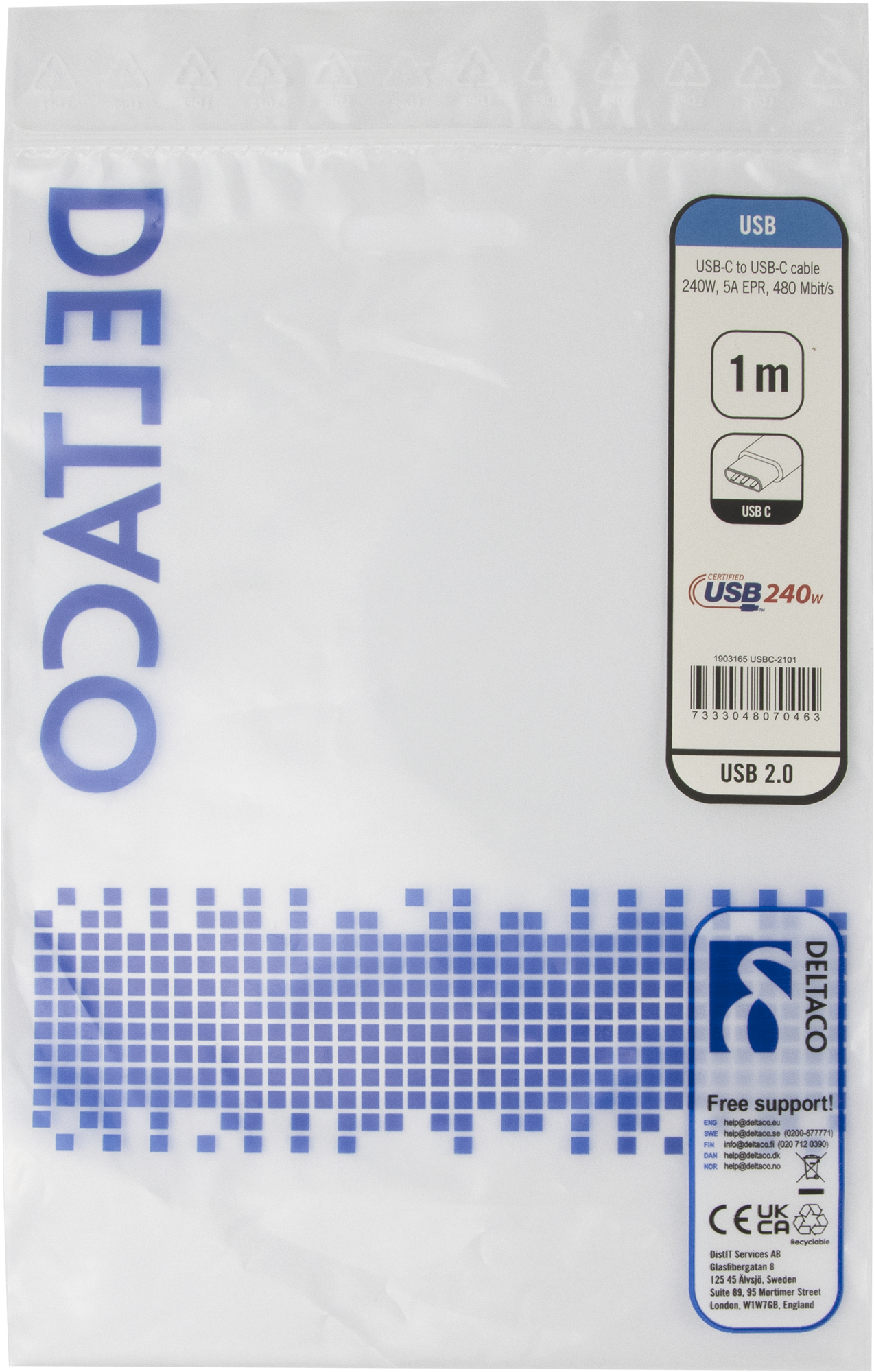 Un sacchetto di plastica trasparente con un'etichetta del prodotto per cavo USB. L'etichetta mostra i dettagli del prodotto, un simbolo USB e il logo Deltaco.