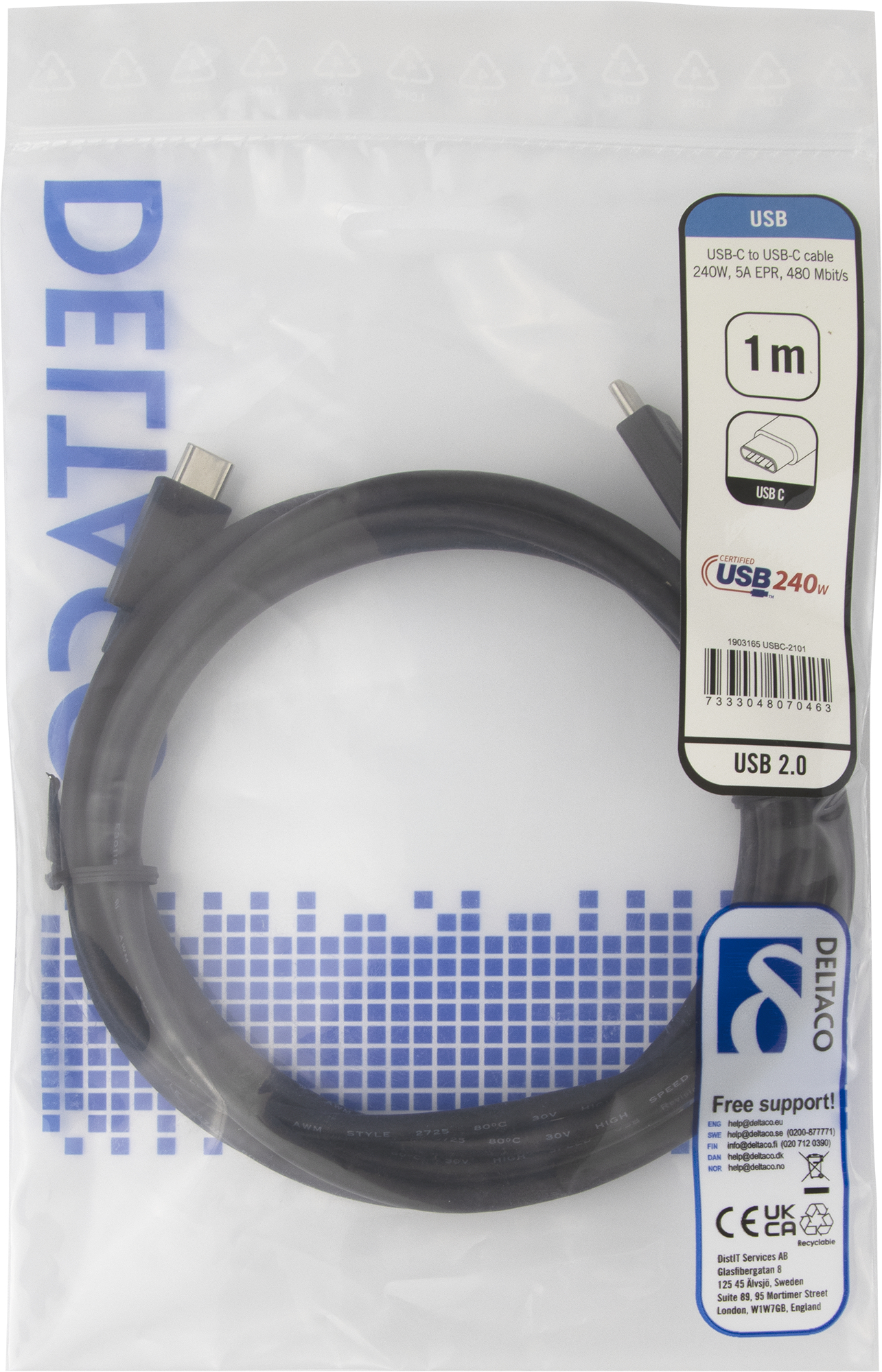 Un cavo da USB-C a USB-C in una confezione di plastica trasparente. Il cavo nero è lungo 1 metro. La confezione ha informazioni sul prodotto e il logo Deltaco.