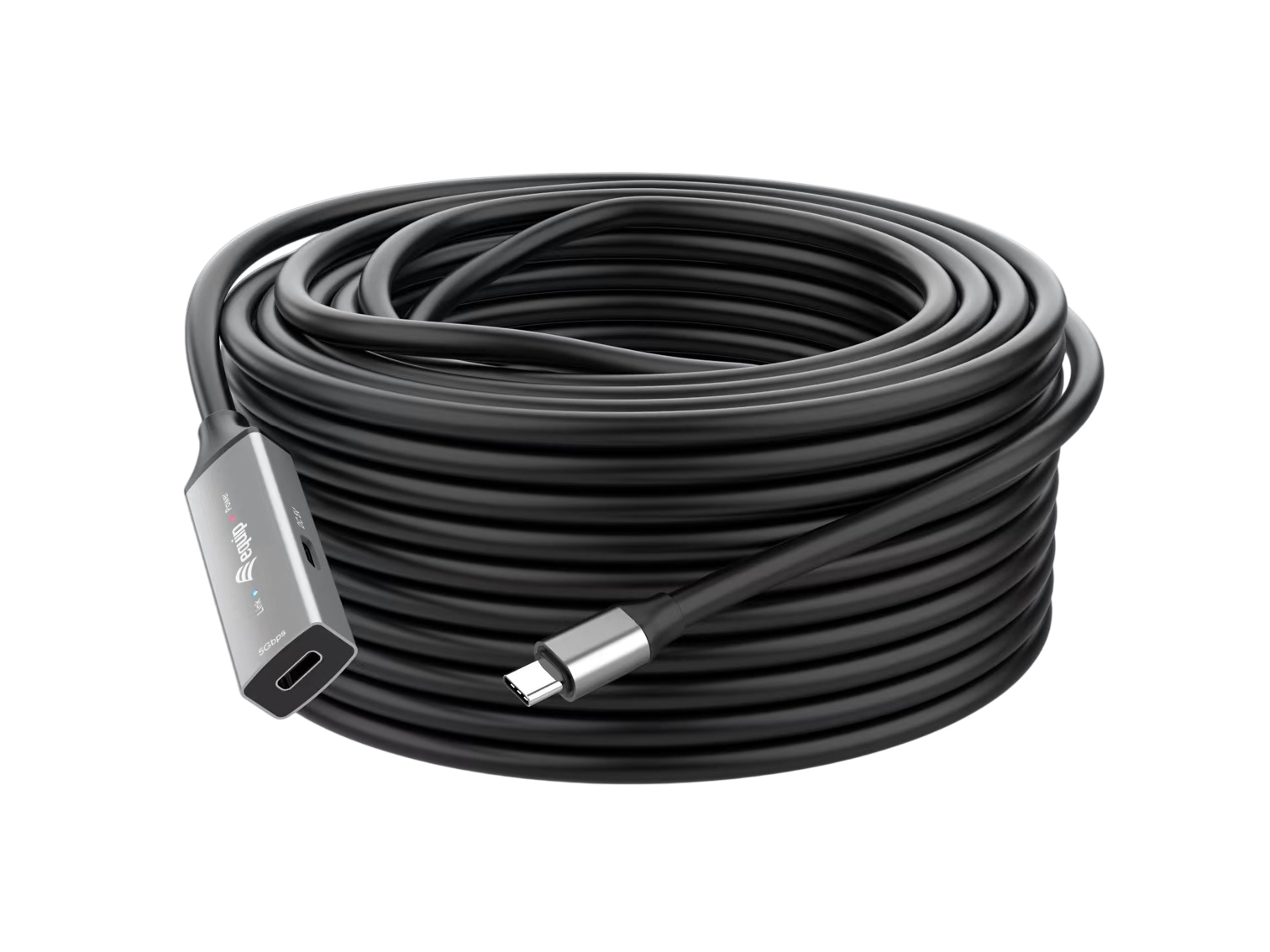 Un câble noir enroulé avec un connecteur argenté. Un appareil gris avec un port USB-C est à une extrémité.