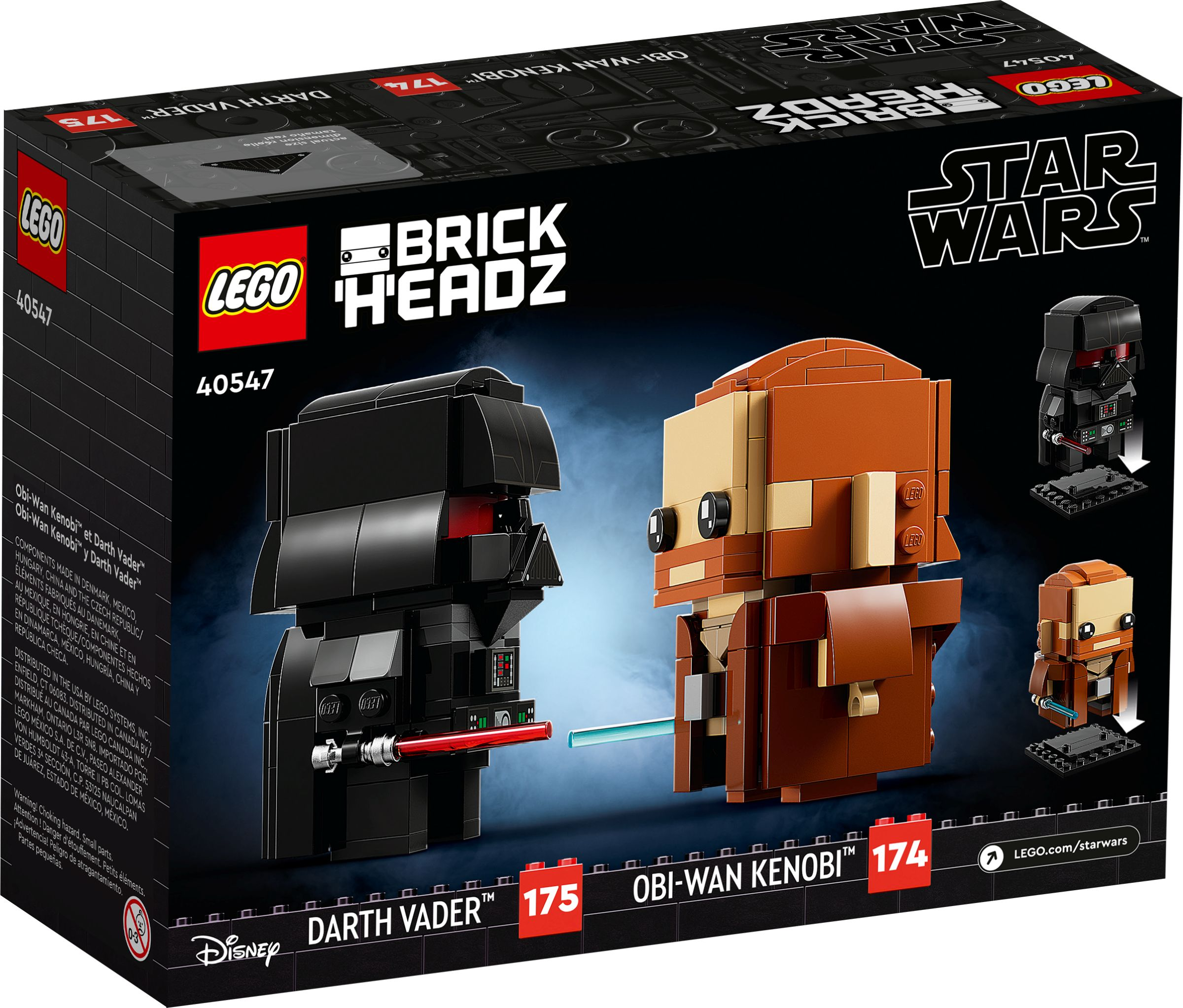 Una scatola LEGO Star Wars BrickHeadz. Presenta le figure di Darth Vader e Obi-Wan Kenobi.