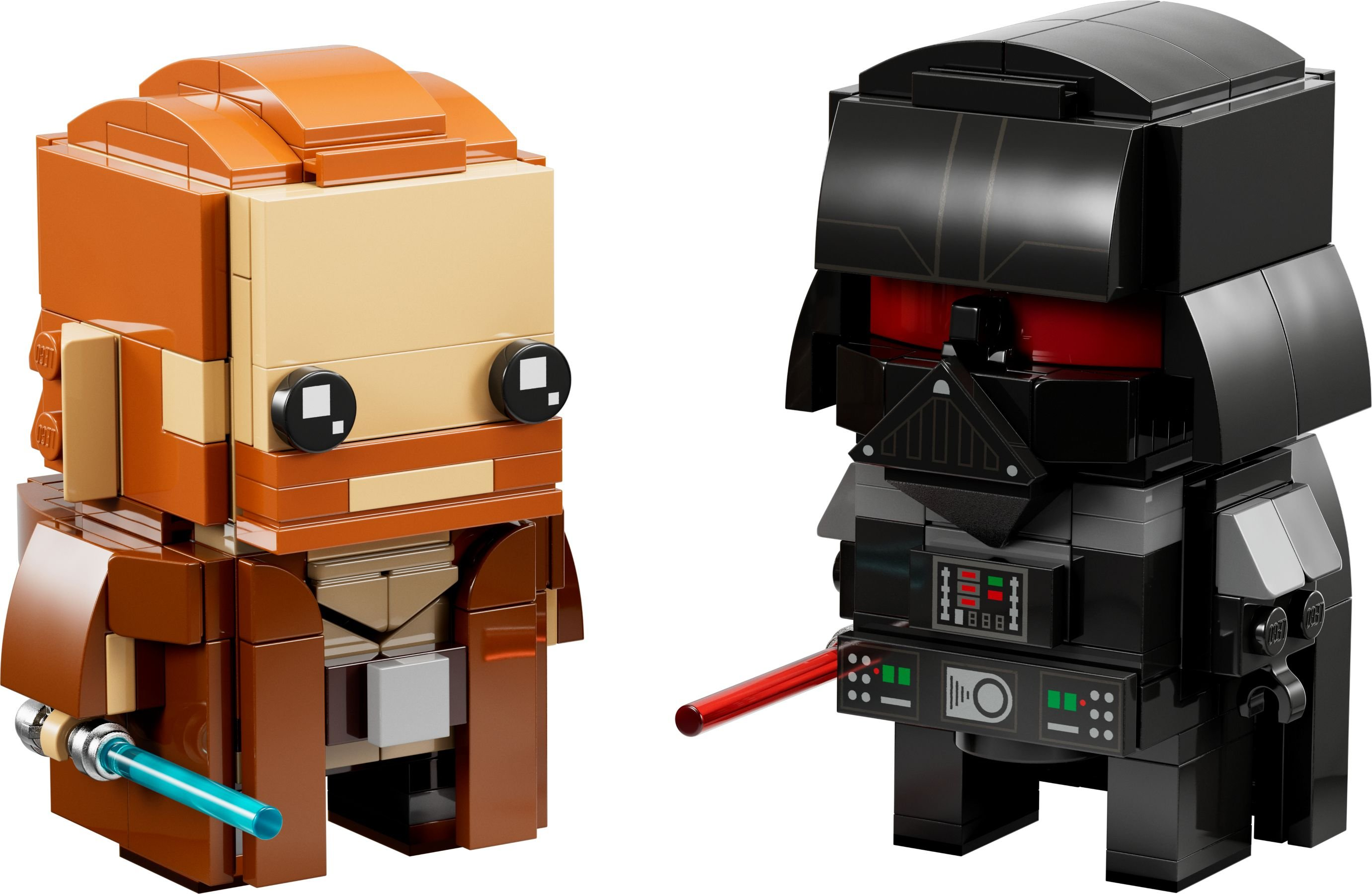 Due personaggi Lego: Obi-Wan con una spada laser blu e Darth Vader con una spada laser rossa.