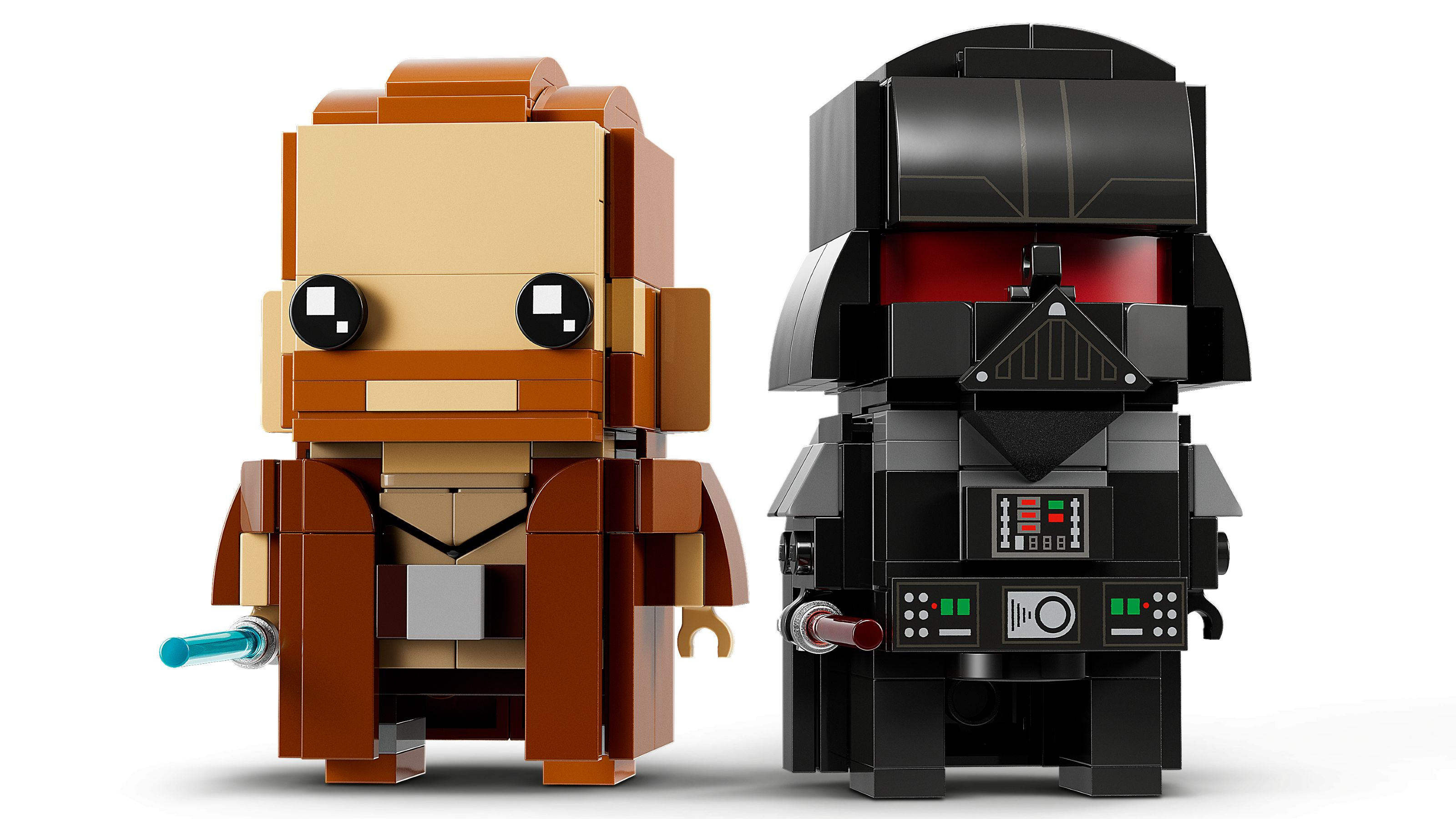 Due personaggi Lego: Obi-Wan Kenobi con una spada laser blu e Darth Vader. Entrambi sono squadrati, con colori neri e marroni.