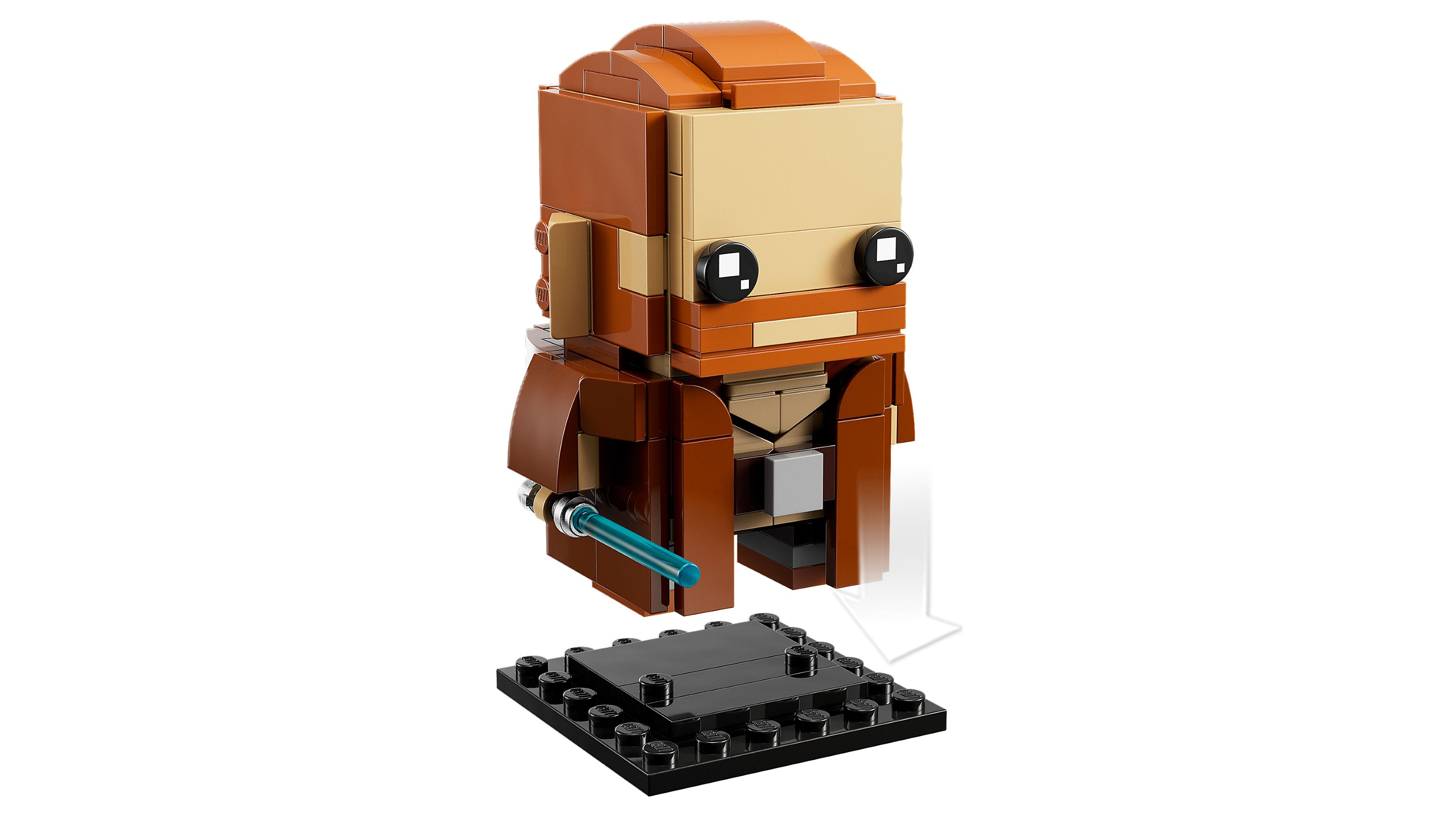 Personaggio Lego di Obi-Wan Kenobi. Mattoncini marroni, beige e neri formano il personaggio con una spada laser blu e una base nera.