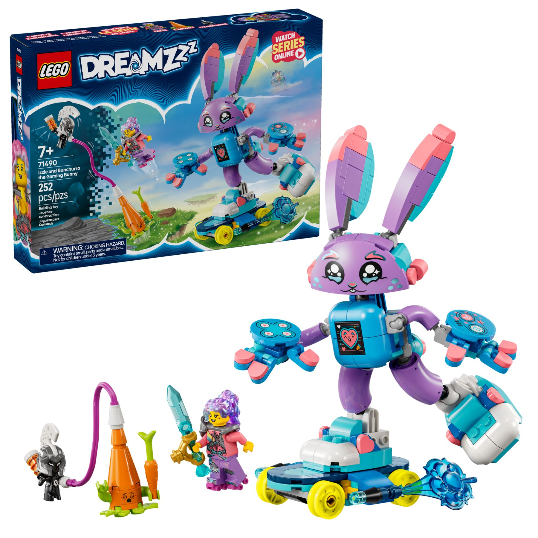 Ein Lego Dreamzzz-Set mit einem lila Hasenroboter, einer Box und verschiedenen Lego-Figuren und Zubehör.