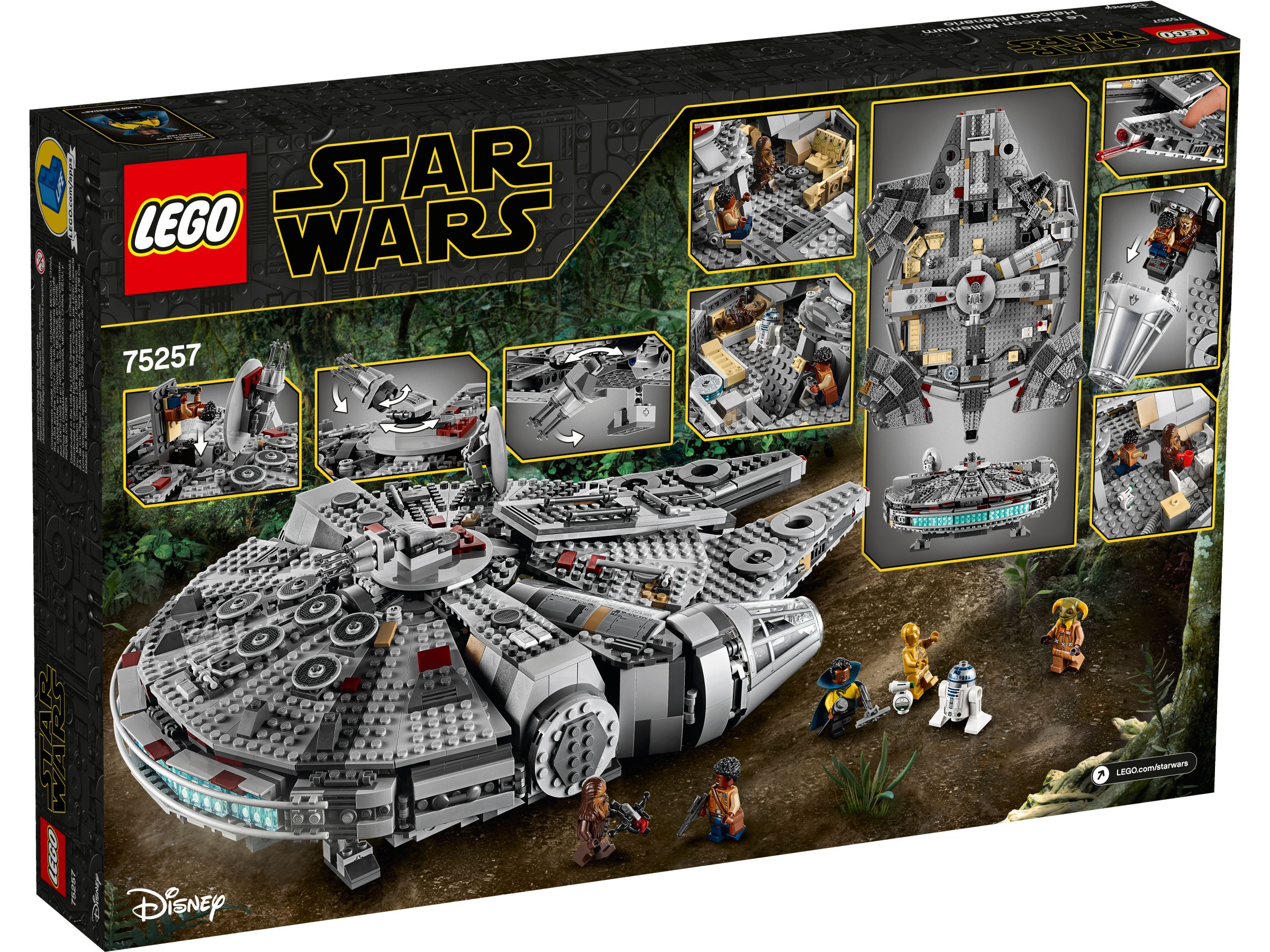 La scatola mostra un set Lego Star Wars del Millennium Falcon, con personaggi e viste dettagliate della nave.