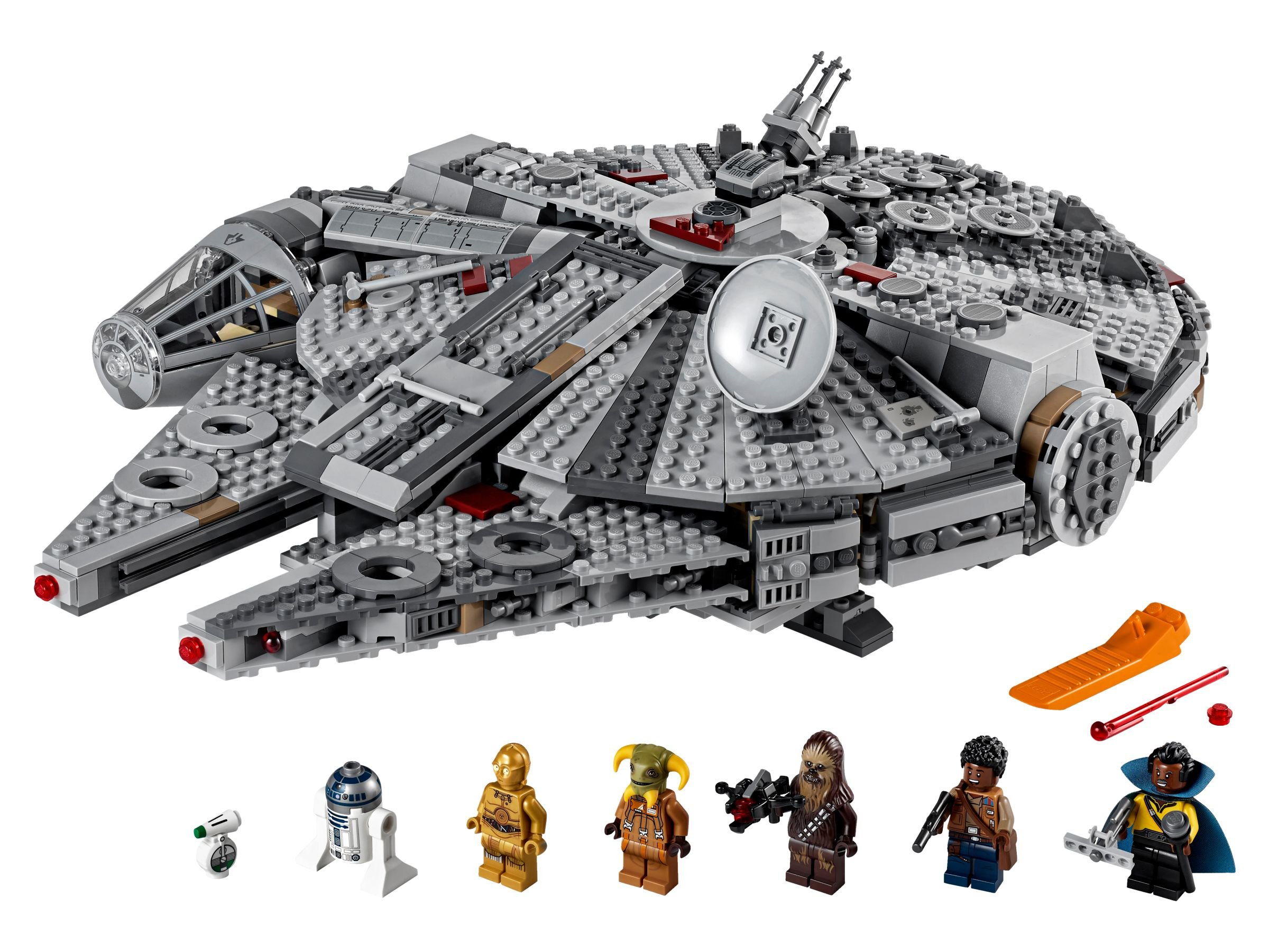 Un set Lego Millennium Falcon con minifigure di personaggi di Star Wars. L'astronave è grigia e i personaggi colorati.