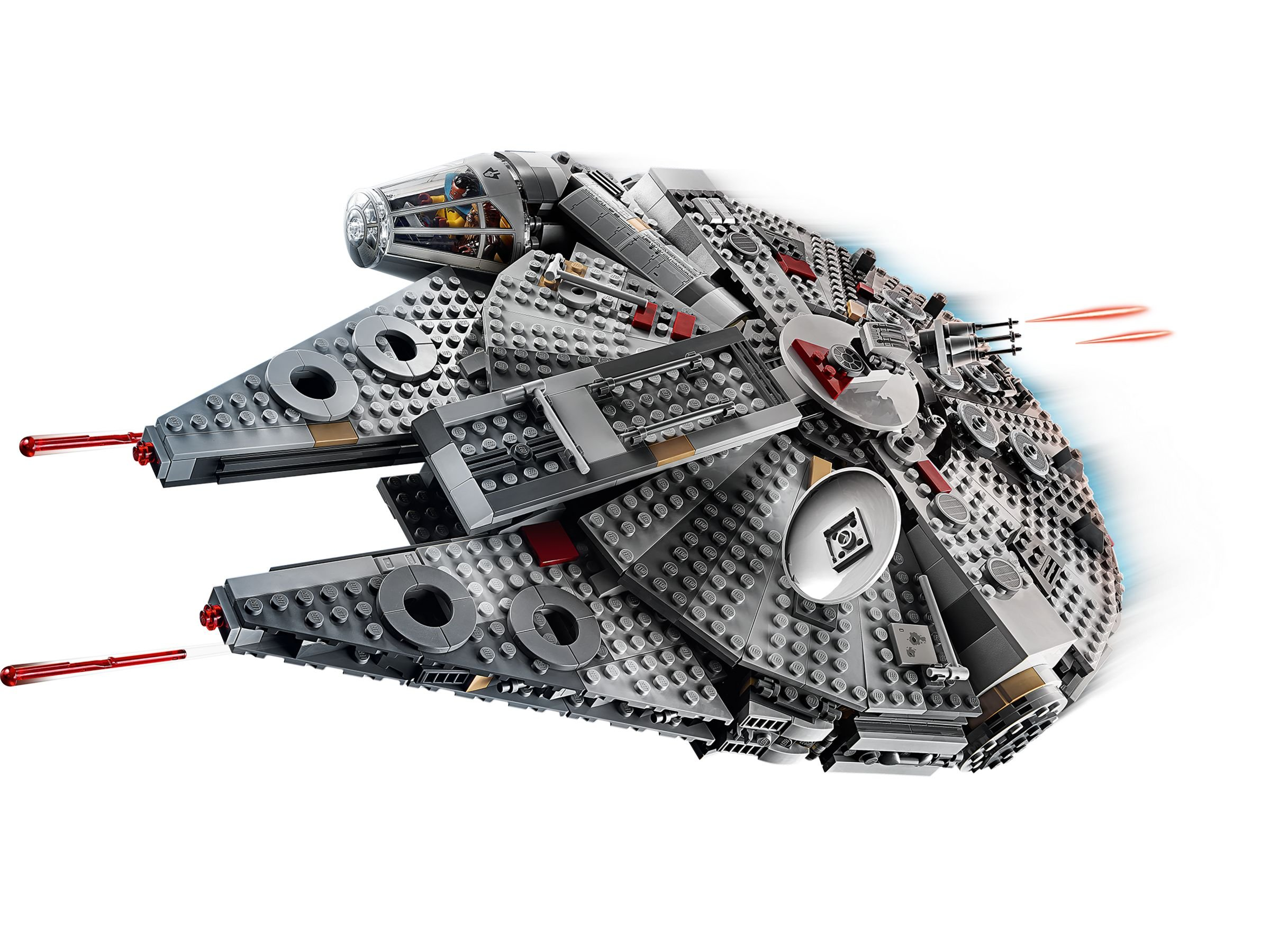 Modello LEGO grigio Millennium Falcon con raggi laser rossi. Dettagli: sezioni circolari e cabina di pilotaggio.