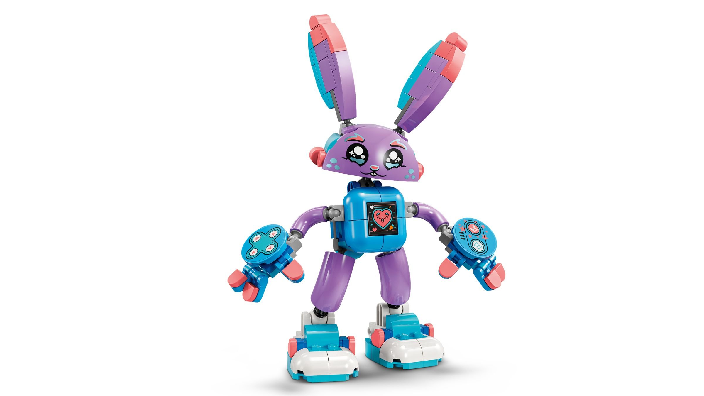 Ein farbenfrohes Roboter-Hasenspielzeug steht vor einem weißen Hintergrund. Es hat lila, blaue und rosa Akzente.