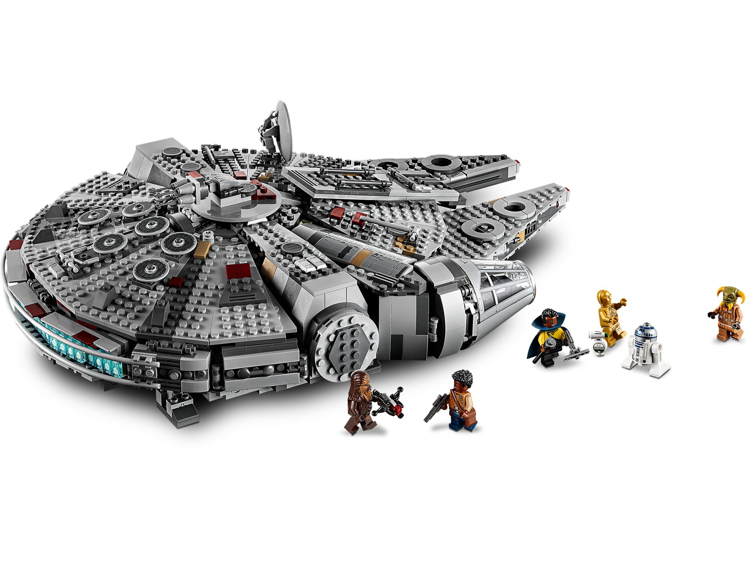 Lego Star Wars Millennium Falcon con minifigure: Chewbacca, Lando, C-3PO, R2-D2 e altri.