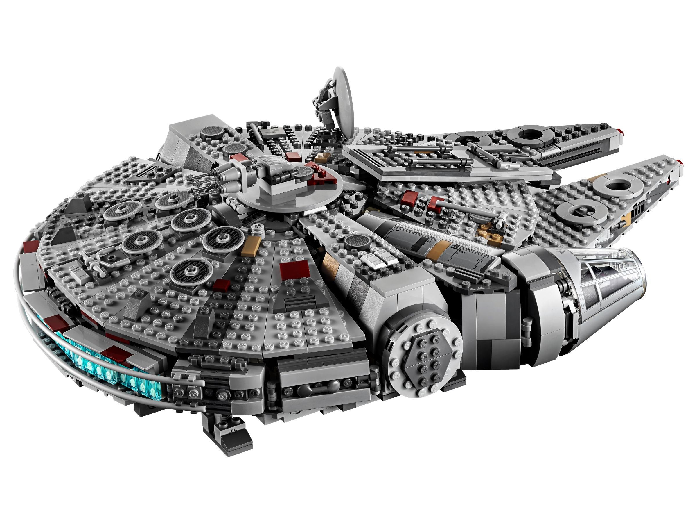 Un modello Lego grigio dell'astronave Millennium Falcon, con costruzione dettagliata a blocchi e pannelli.