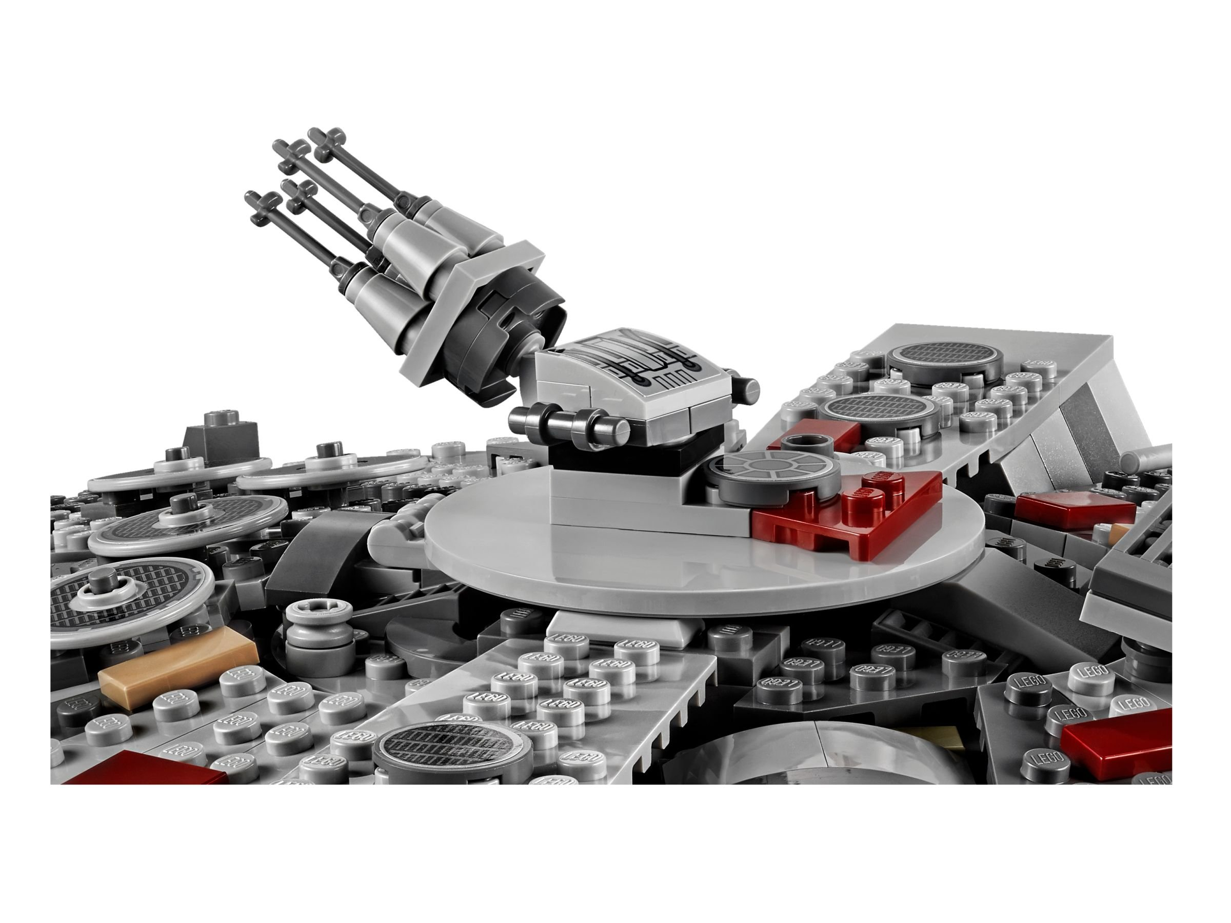 Un modello Lego dettagliato di un'astronave con torrette, colori grigio e rosso e un design complesso.