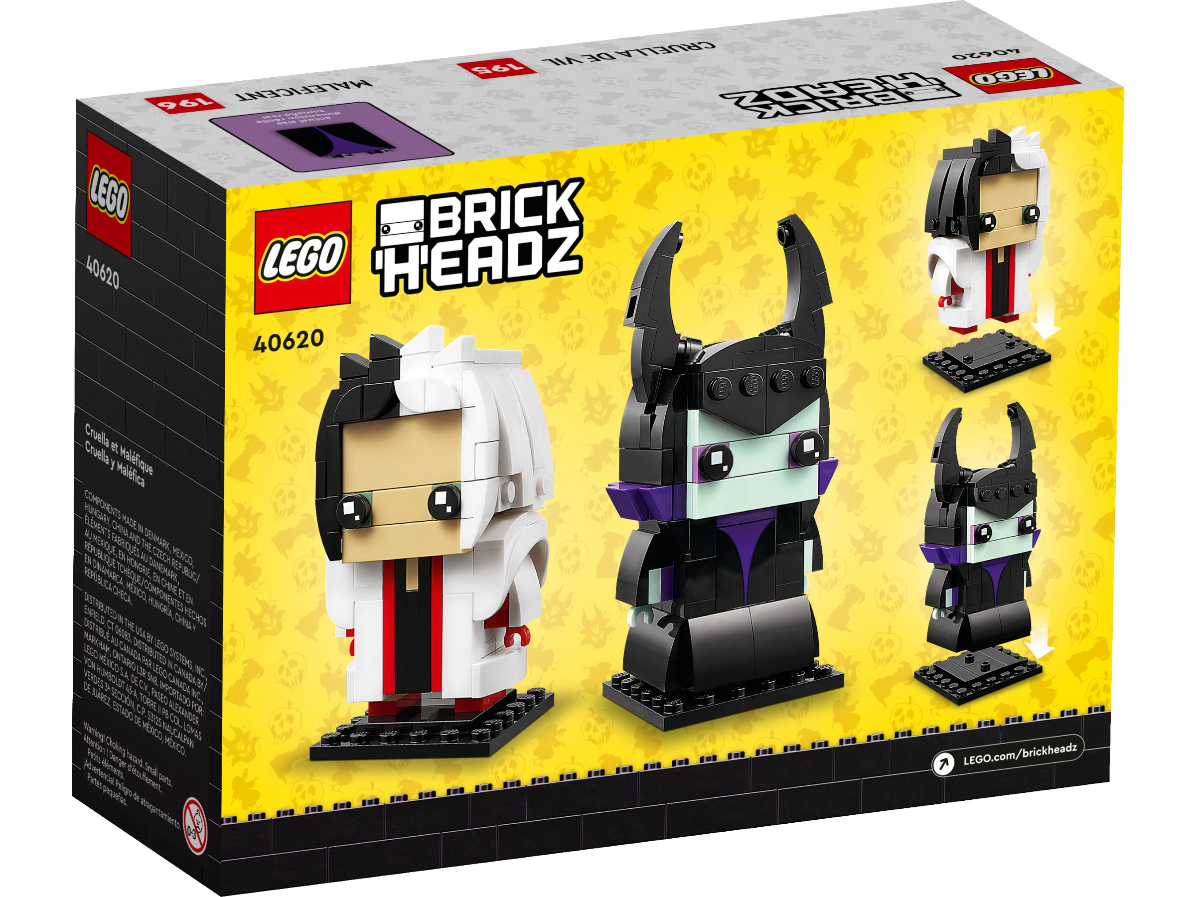LEGO BrickHeadz-Box. Enthält Cruella de Vil und Maleficent-Figuren auf gelbem Hintergrund.