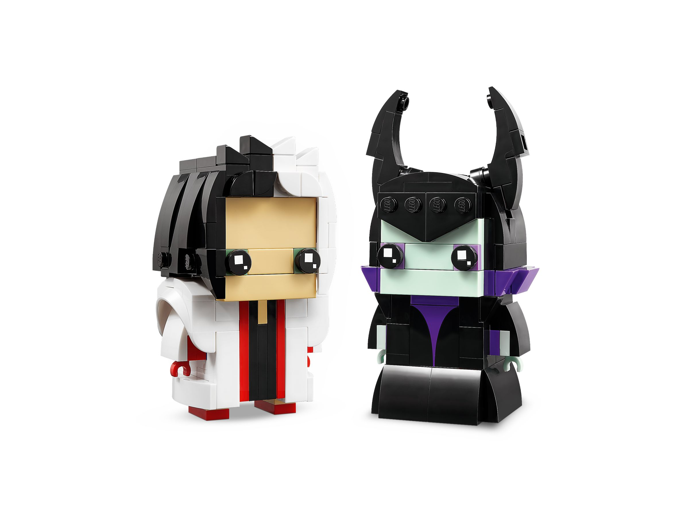Zwei Lego-Figuren: Eine in Weiß mit roten und schwarzen Akzenten, die andere in Schwarz mit lila und grünen Akzenten.
