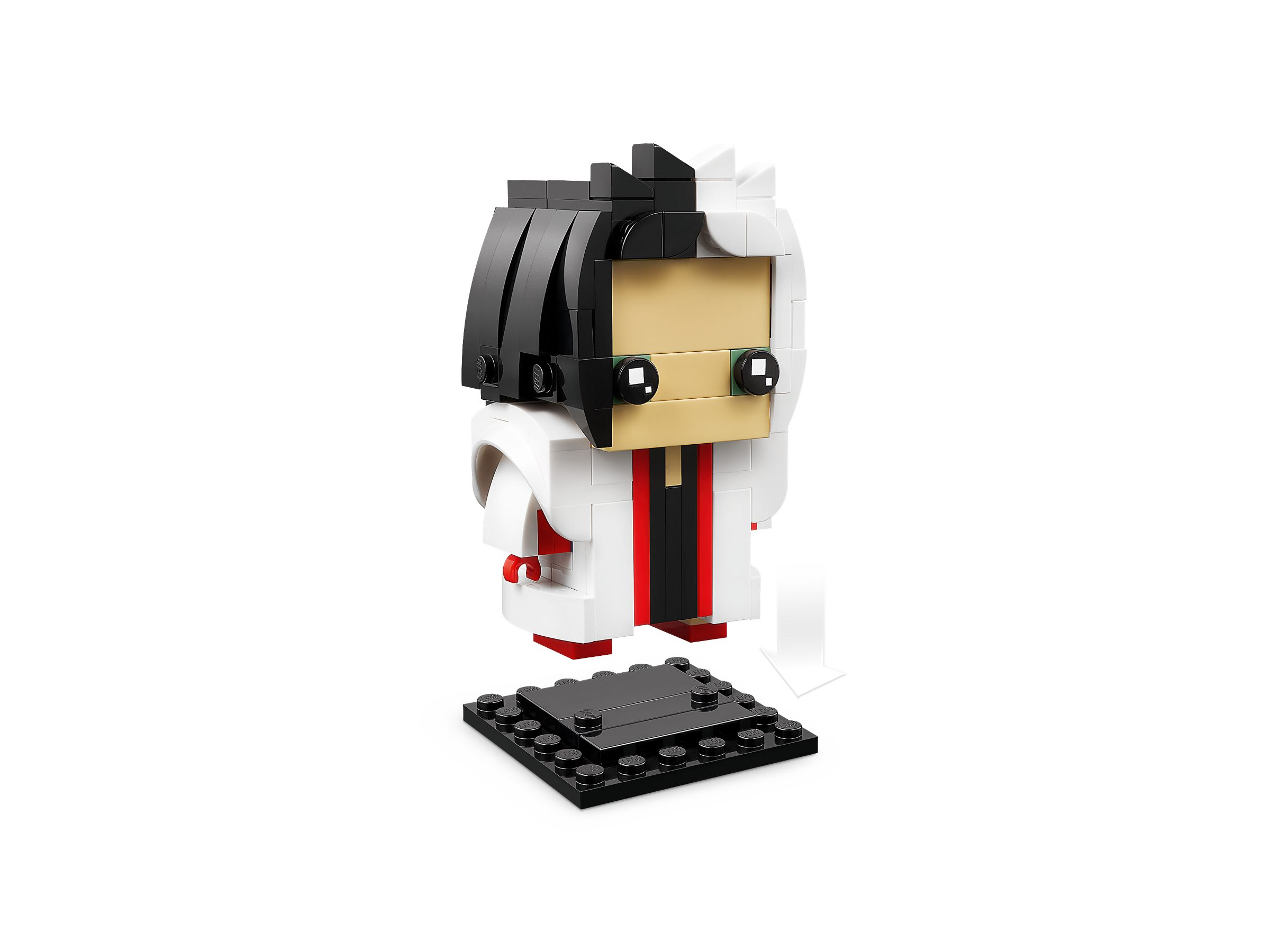 Eine Lego-Figur in Weiß und Schwarz mit einem beigefarbenen Gesicht. Sie hat eine schwarze Haarpartie und steht auf einer schwarzen Basis.
