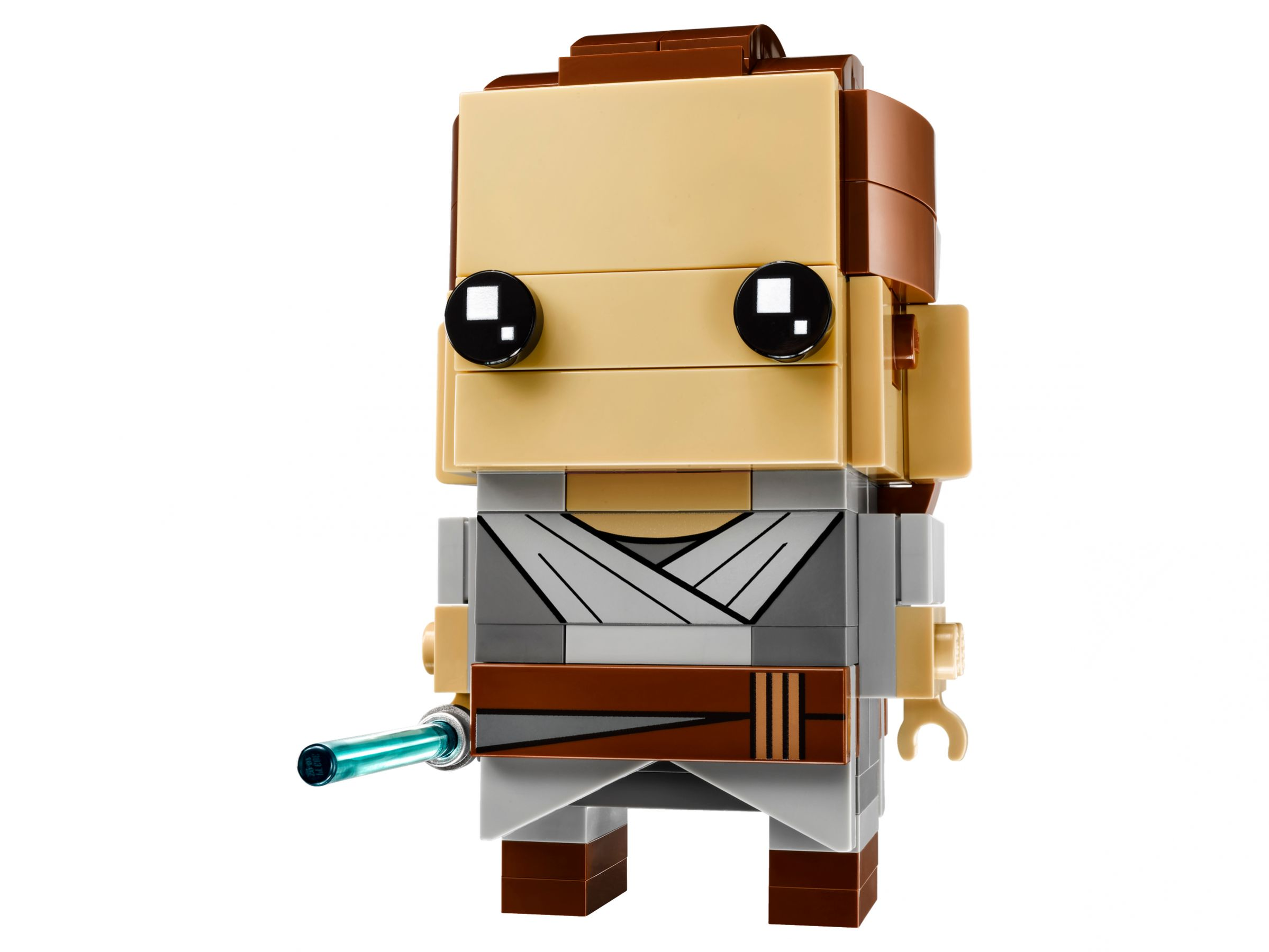 Eine Lego-Figur von Rey aus Star Wars mit hellblauem Lichtschwert. Sie ist beige, braun und grau.