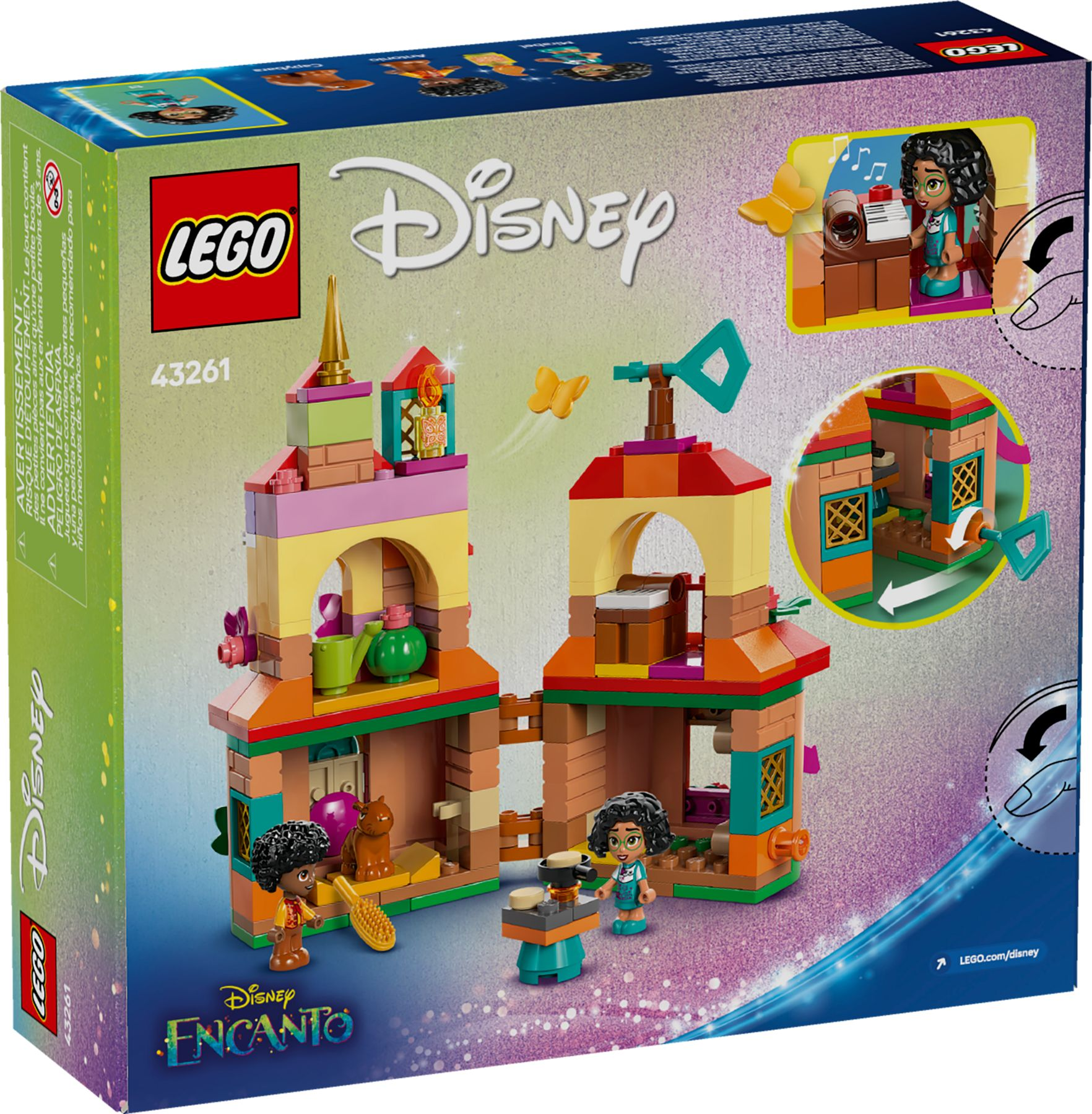 Lego Disney Encanto Box. Zeigt ein Lego-Set mit Gebäuden, Figuren und dem Disney-Logo.
