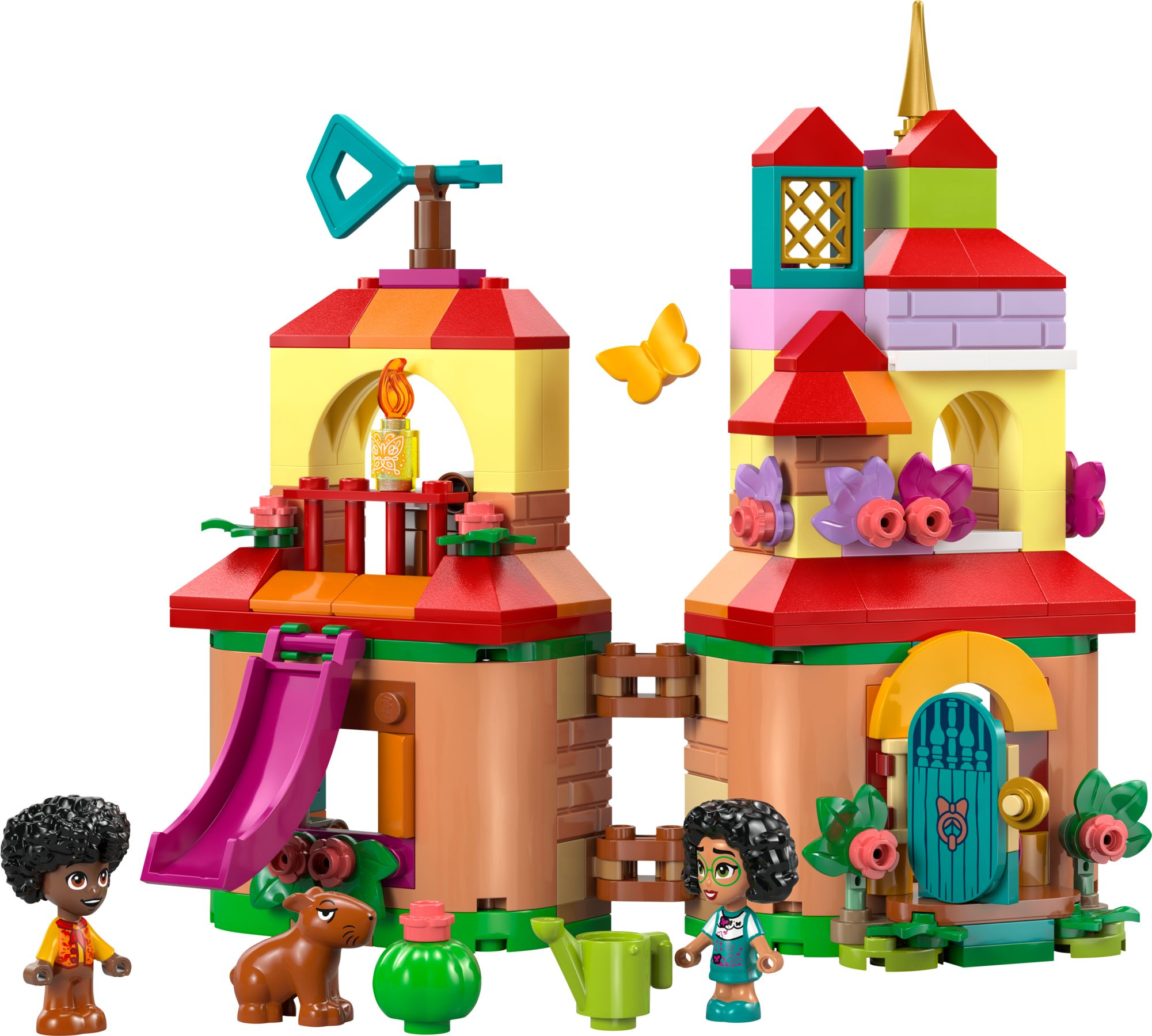 Farbenfrohes Lego-Set mit zwei Gebäuden, Figuren, einer Rutsche und einem Schmetterling. Helle Farben und detailliertes Design.