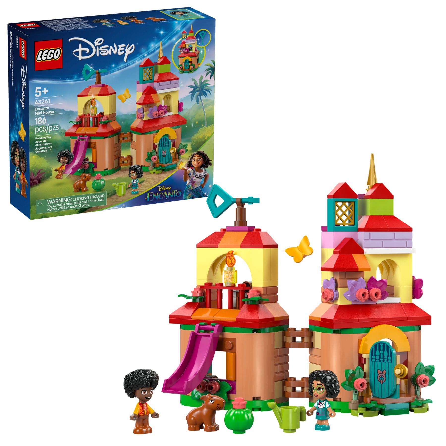 Lego Disney Encanto Set. Es hat ein farbenfrohes Gebäude, Charaktere und Zubehör. Eine Box und ein gebautes Modell werden gezeigt.