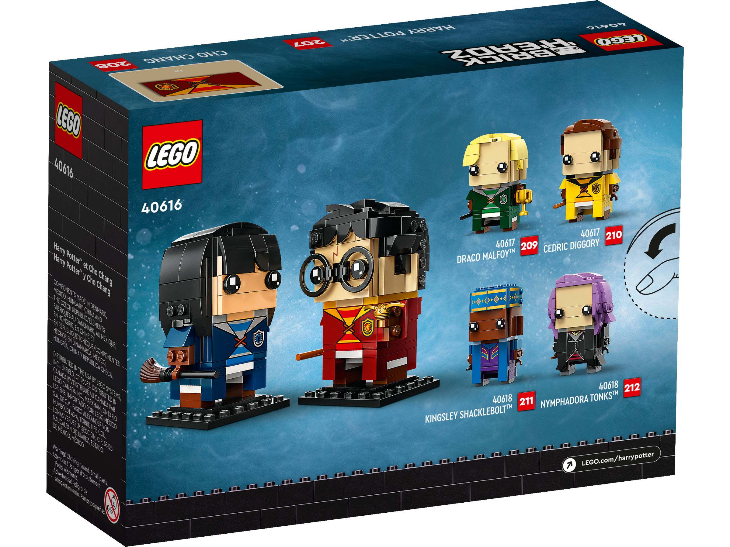 Schachtelkunst mit Lego Harry Potter Figuren: Cho Chang, Harry Potter, Draco Malfoy, Cedric Diggory, Kingsley und Nymphadora Tonks.