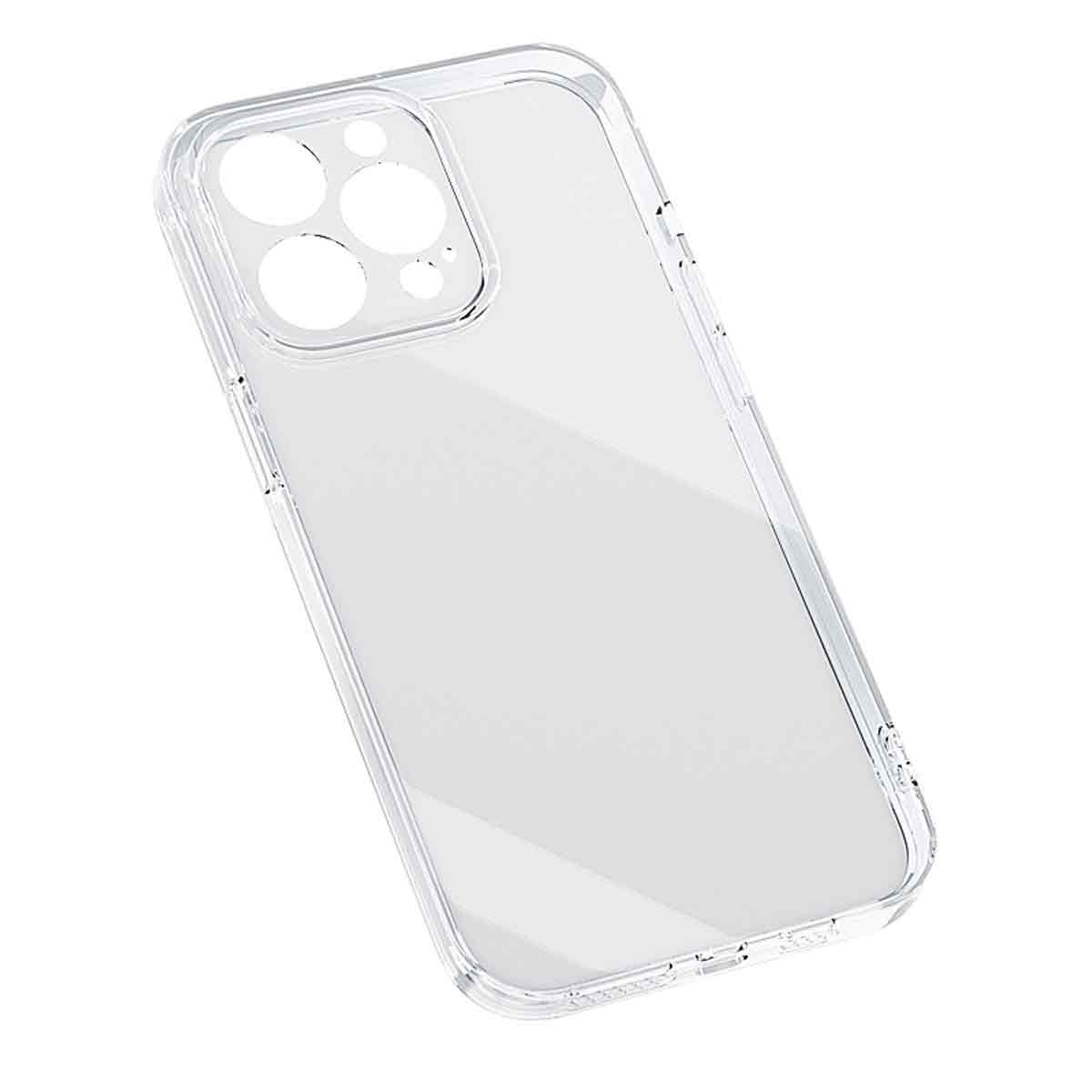 Eine transparente iPhone-Hülle ist schräg abgebildet. Die Hülle hat Öffnungen für die Kamera und besteht aus transparentem Kunststoff.