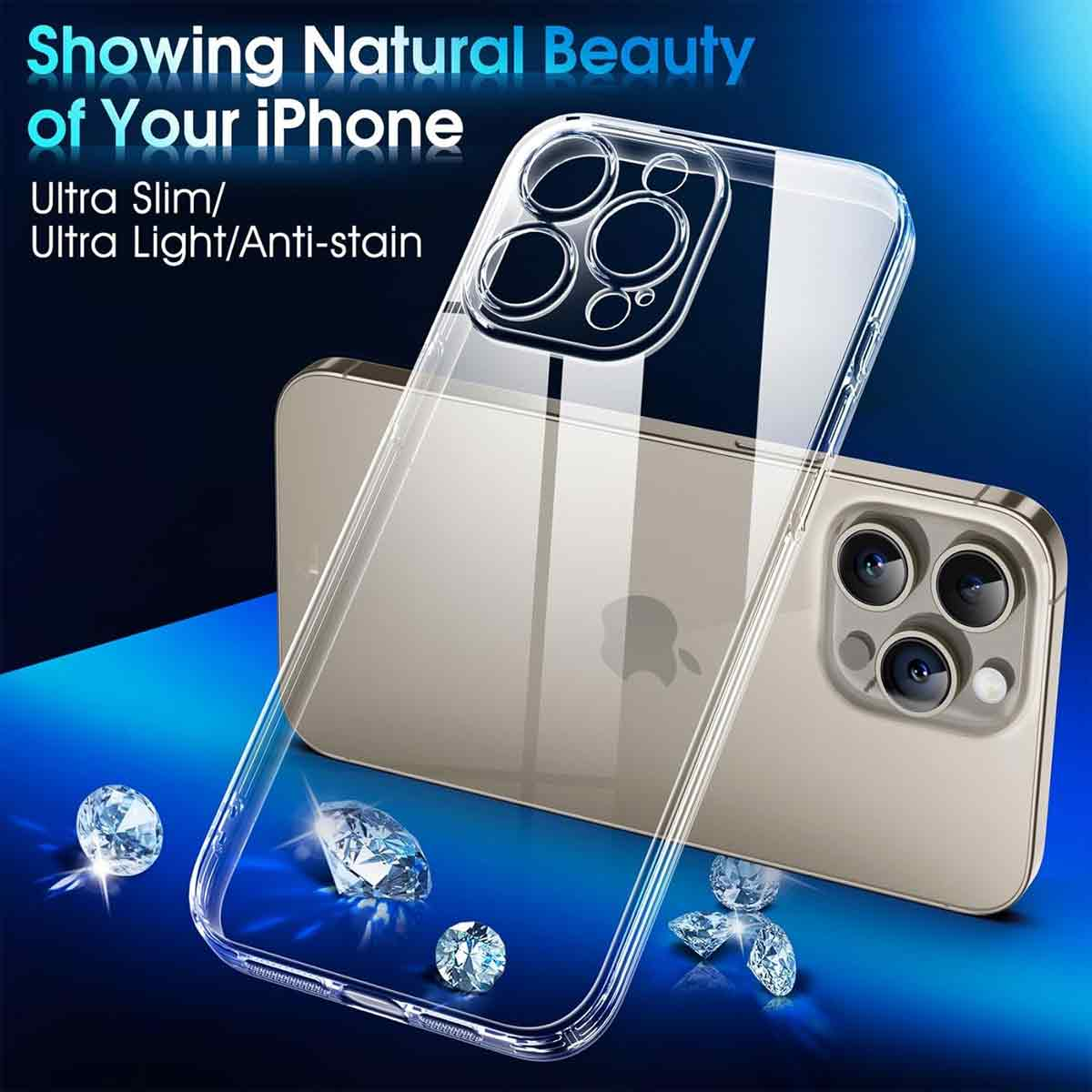 Transparente Handyhülle auf einem Handy. Diamanten verstreut. Text: Natürliche Schönheit Ihres iPhones, Ultra Slim/Light/Anti-stain.