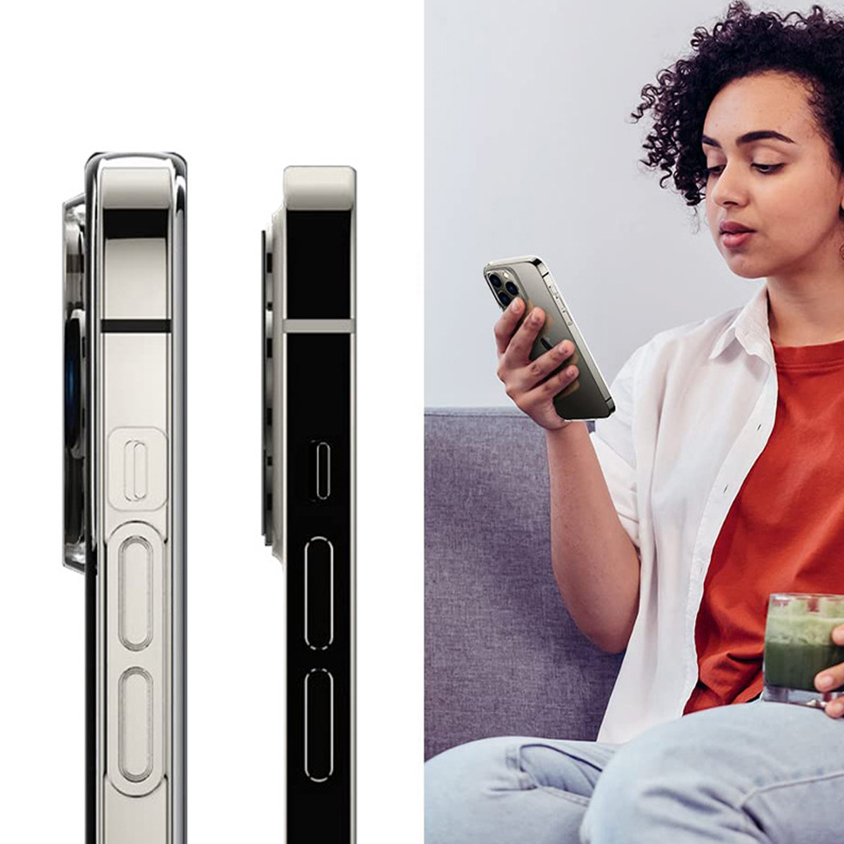 Frau hält ein Telefon, sitzt auf einem Sofa. Zwei Telefone, Seitenansicht, links. Sie hält ein grünes Getränk.