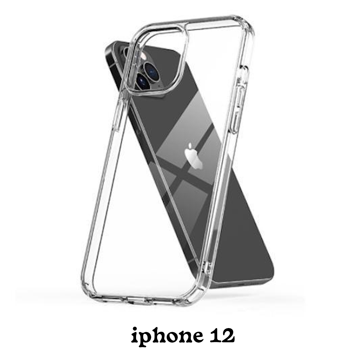 Ein iPhone 12 befindet sich in einer transparenten Handyhülle. Das Telefon ist schwarz. Der Hintergrund ist weiß. Der Text "iphone 12" steht unten.