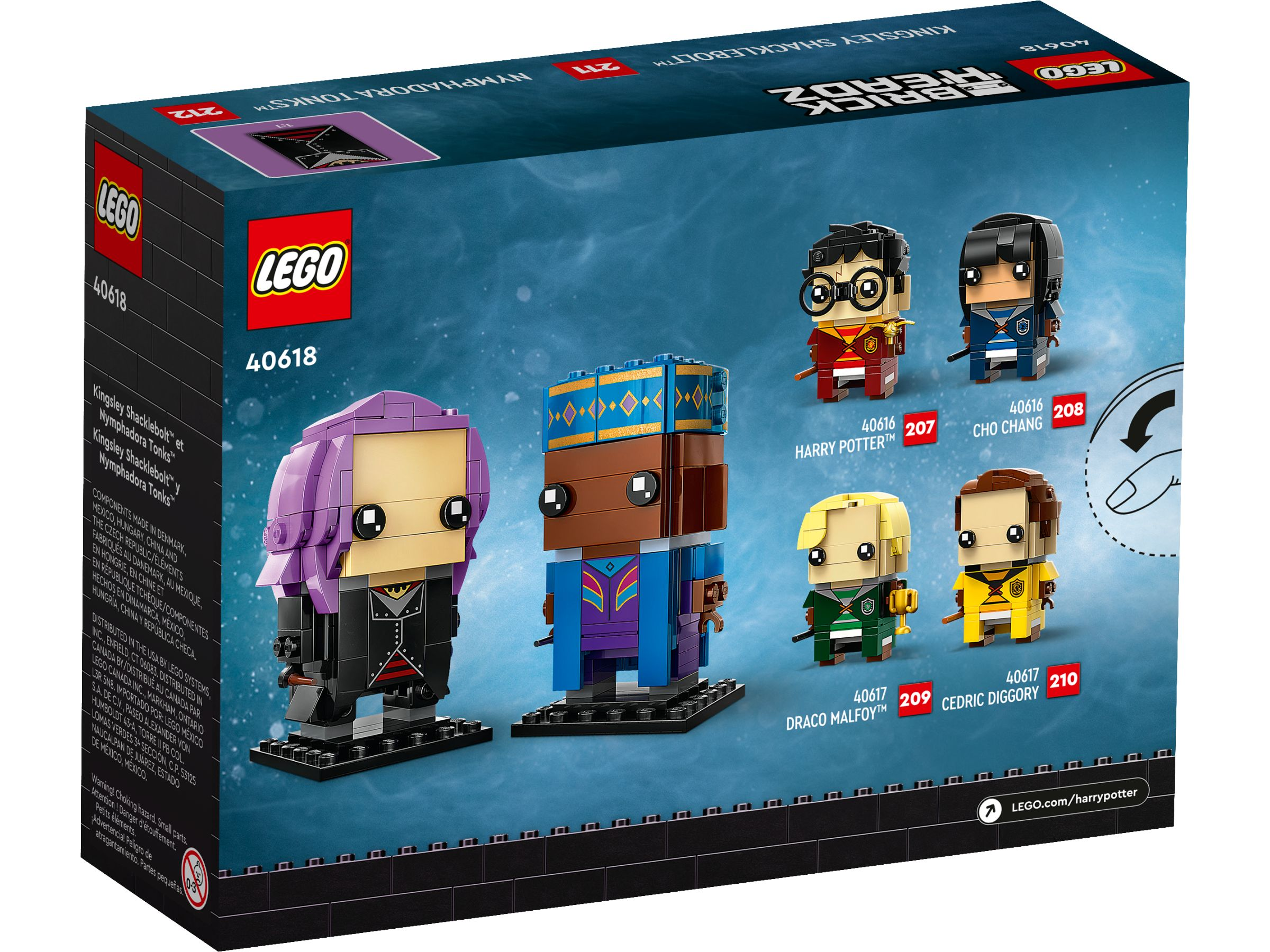 Schachtel mit Lego Harry Potter BrickHeadz Figuren. Enthält Kingsley, Tonks, Harry, Cho, Draco und Cedric.