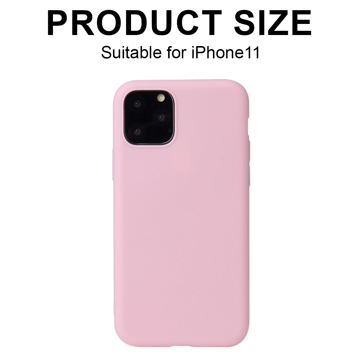 Eine rosa iPhone 11 Hülle, mit Produktgröße und Modellkompatibilitätstext oben. Der Hintergrund ist weiß.