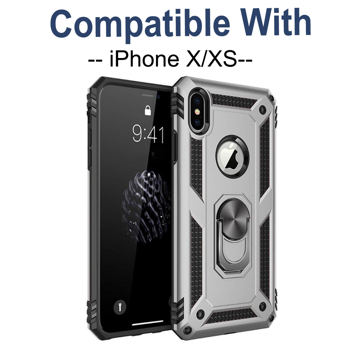 Ein iPhone X/XS mit einer silbernen und schwarzen Schutzhülle. Der Bildschirm des Telefons zeigt 9:41 an. Der Text oben lautet 'Kompatibel mit'.