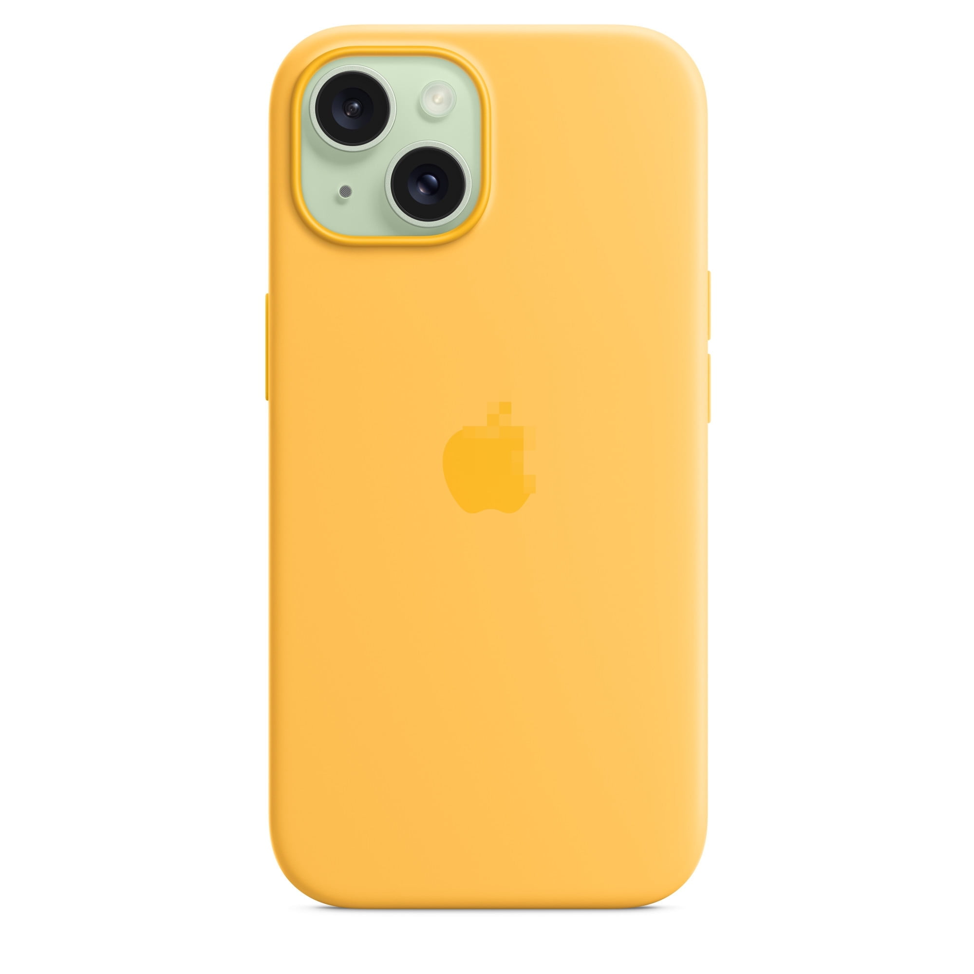 Eine gelbe iPhone-Hülle mit zwei Kameralinsen. In der Mitte befindet sich ein Apple-Logo. Die Hülle befindet sich auf weißem Hintergrund.